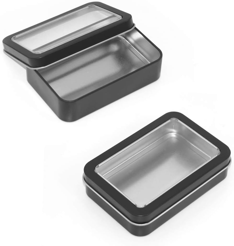 4 Pack Metal Rectangular Tin Boxes Containers with Detachable Clear Lid, Black,Portable Box Small Storage Kit Home Organizer,Model 107
