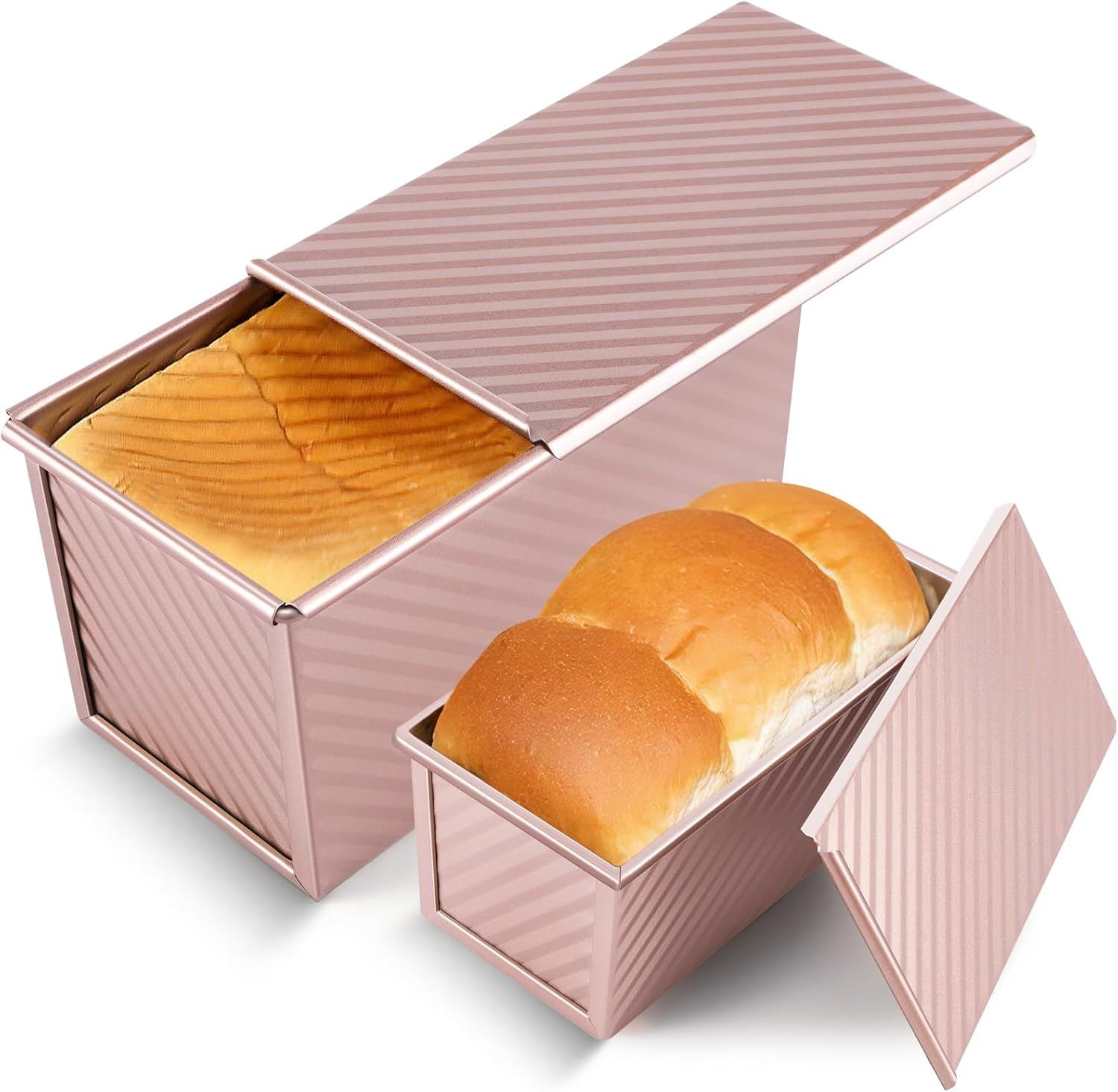 2 Pack Pullman Loaf Pan with Lid, 1 Lb/0.5 Lb Dough Capacity, Premium Non-Stick Sandwich Bread Loaf Pan with Lid, Carbon Steel Corrugated Bread Toast Box Mold with Cover for Baking