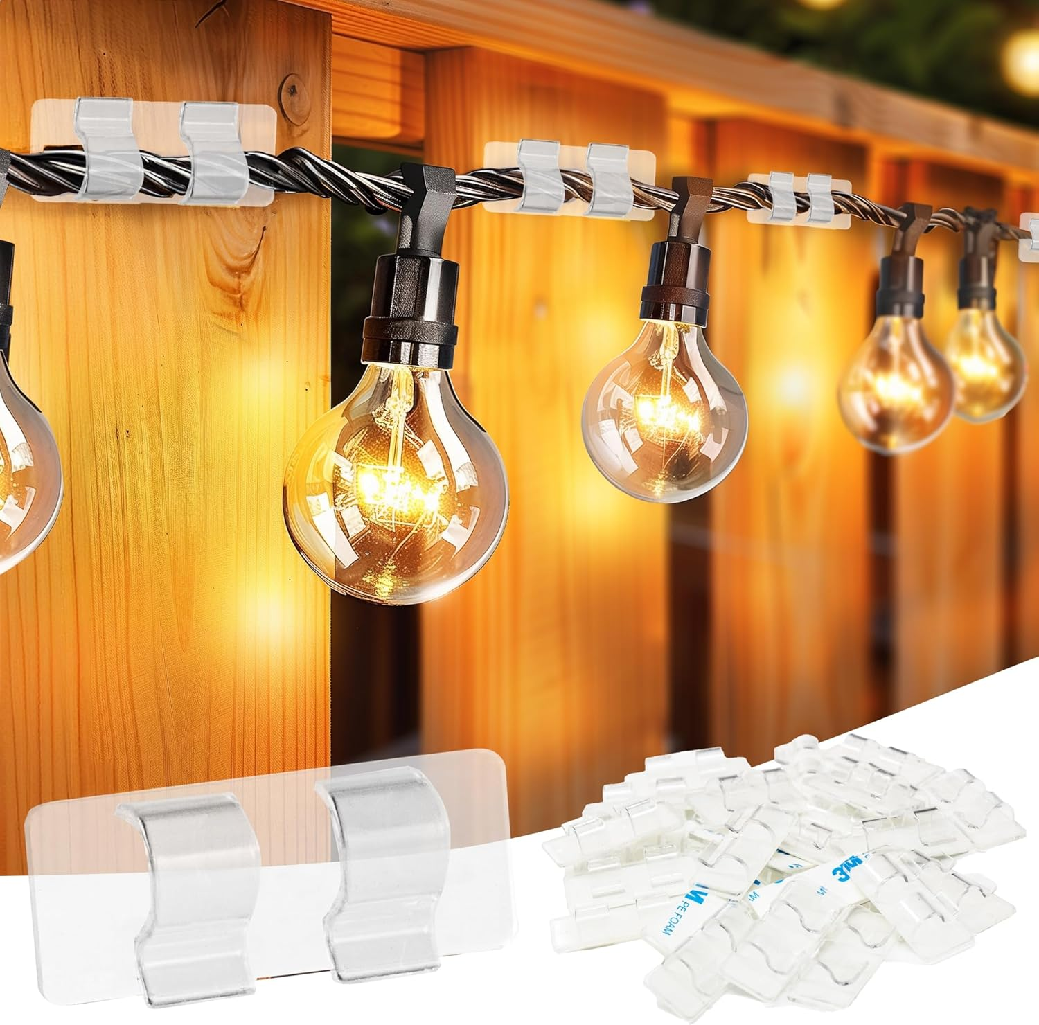 Hooks for Outdoor String Lights Clips, 60Pcs Heavy Duty Cable Clips Waterproof Adhesive Strips for Hanging Christmas Light, outside Uv-Resistant Clear Sticky Cord Holders Rope Organizer