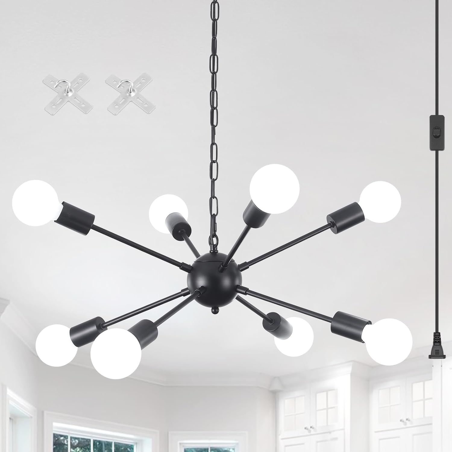 8 Lights Plug in Chandelier Sputnik Ceiling Light Fixture Black Hanging Lights with Plug in Cord 16.4Ft Sputnik Chandeliers for Dining Room Living Room Bedroom Foyer