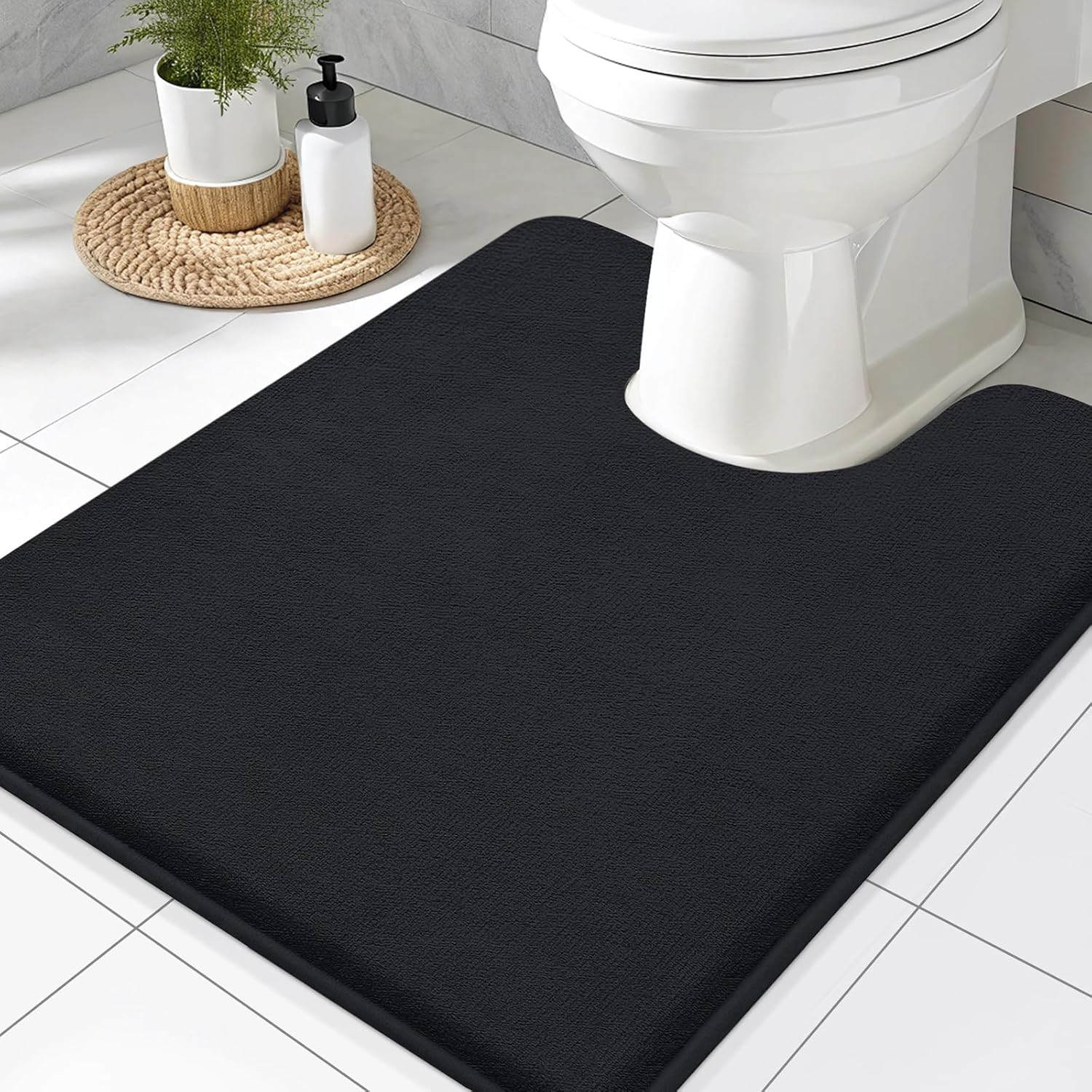 Memory Foam Toilet Rugs U-Shaped 24x20, Extra Soft Absorbent Non-Slip Contour Bathroom Rugs, Machine Washable Bath Mats for Toilet, Black