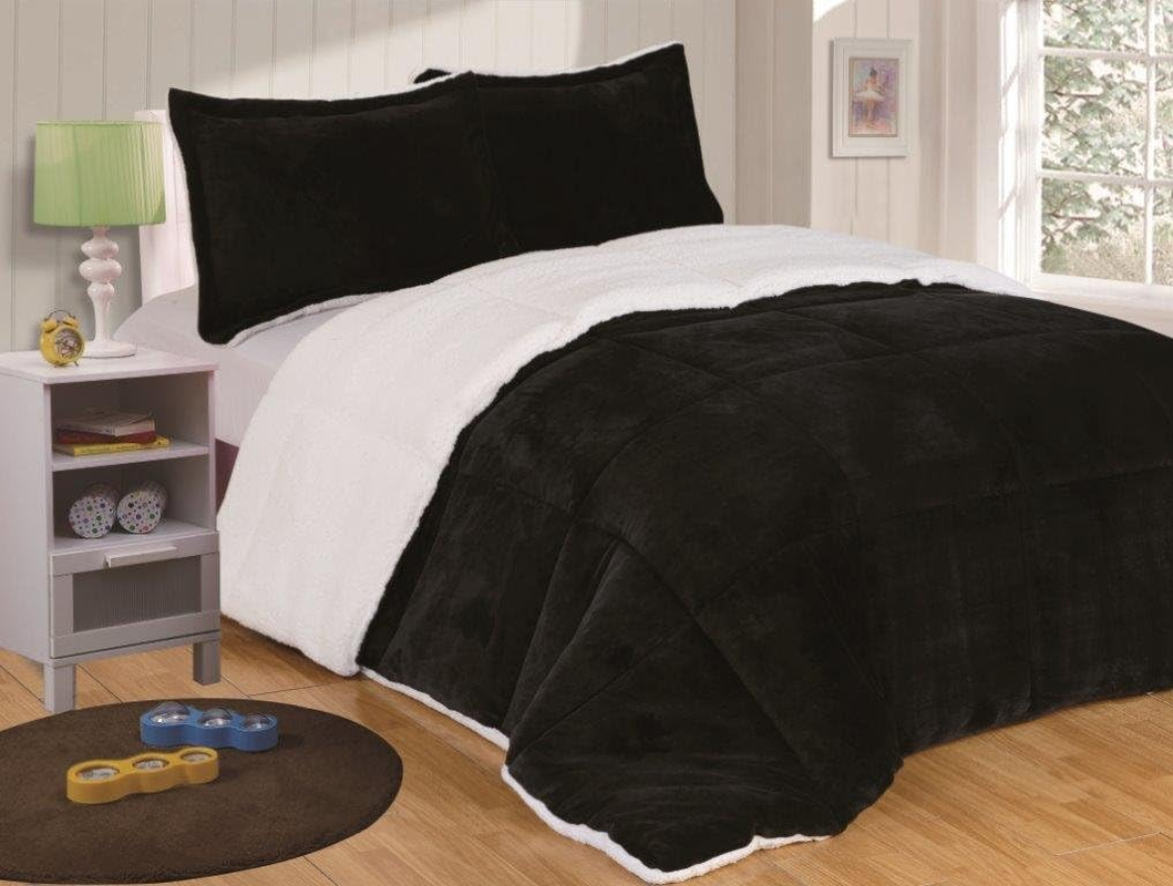 Chezmoi Collection 3-Piece Micromink Sherpa Reversible down Alternative Comforter Set (Queen, Black)