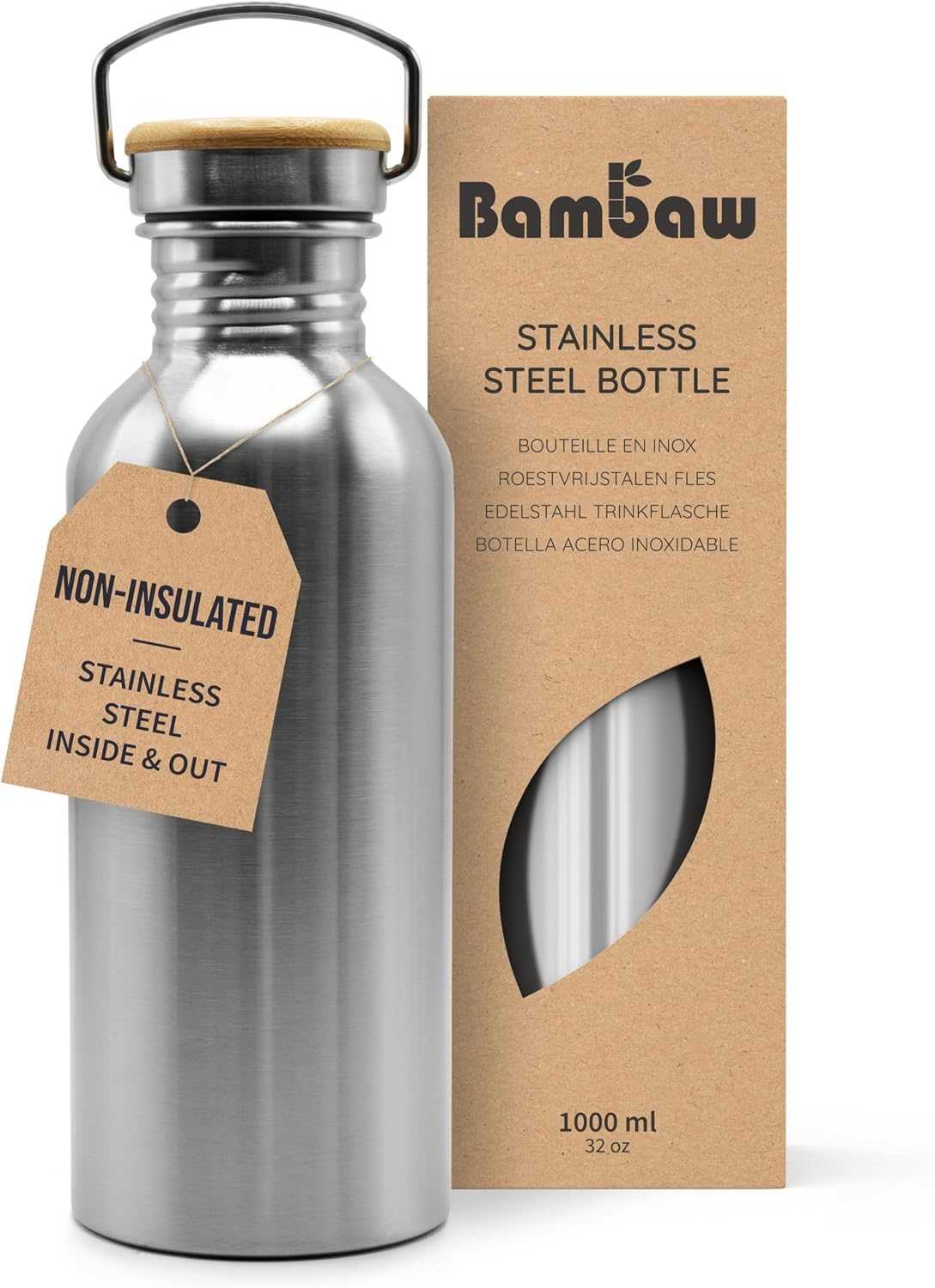 Bambaw Non-Insulated Stainless Steel Water Bottle 1000 Ml, Eco-Friendly Non-Thermal, Stainless Steel Canteen, Easy to Clean, Reusable Water Bottle, Children'S Water Bottle (Natural Steel)