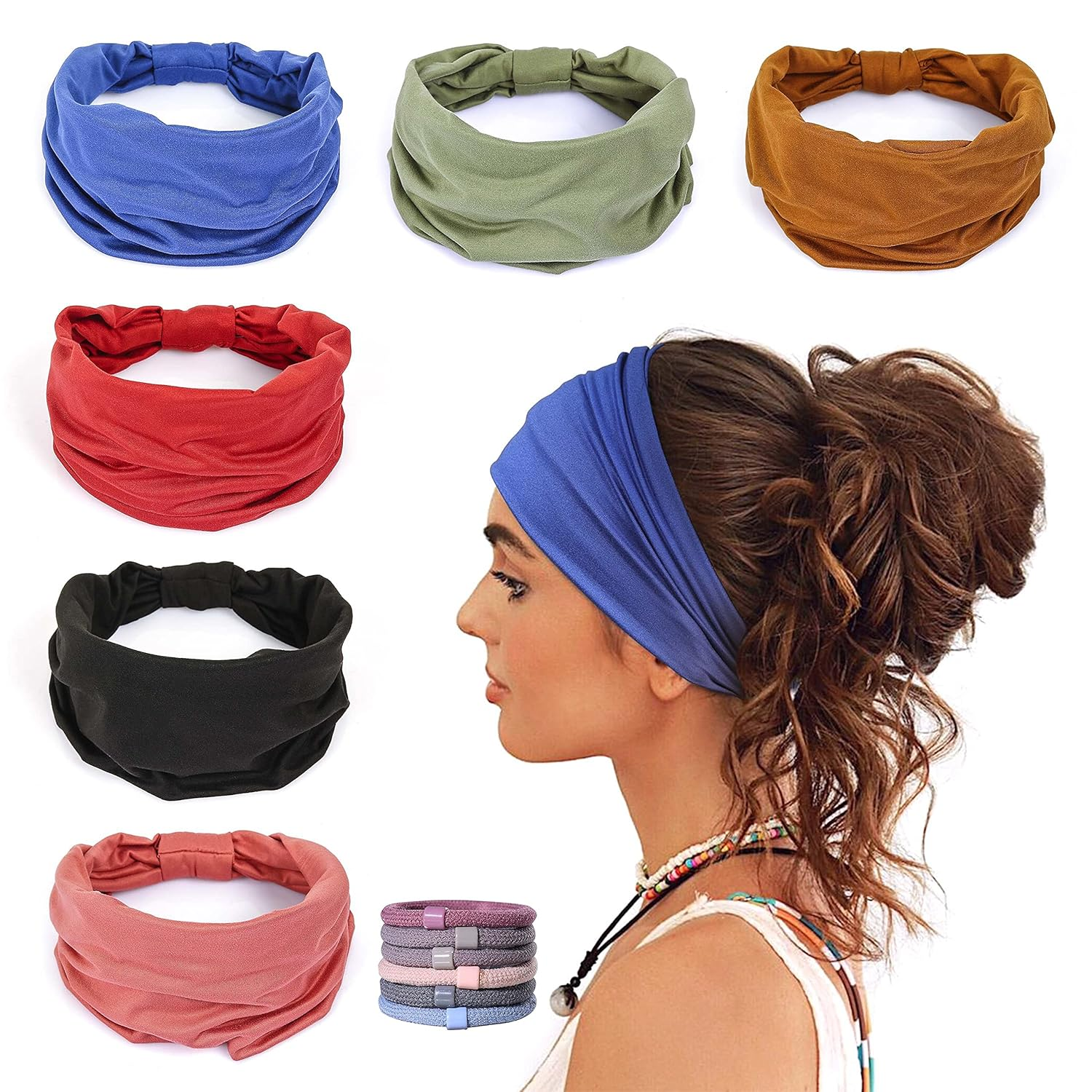 GILI 6 Pack Wide Headbands for Women Non Slip Soft Elastic Hair Bands Yoga Running Sports Workout Gym Head Wraps, Knotted Cotton Cloth African Turbans Bandana (With 6 Pcs Hair Ties)