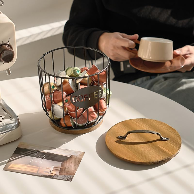 Coffee Pod Basket Holder - Large Capacity Black with Wood Lid | Display Coffee Pods & Espresso Capsules on Countertop, Rustic Wire Mesh Storage Bin with Decorative Wood Cover for Kitchen Decor