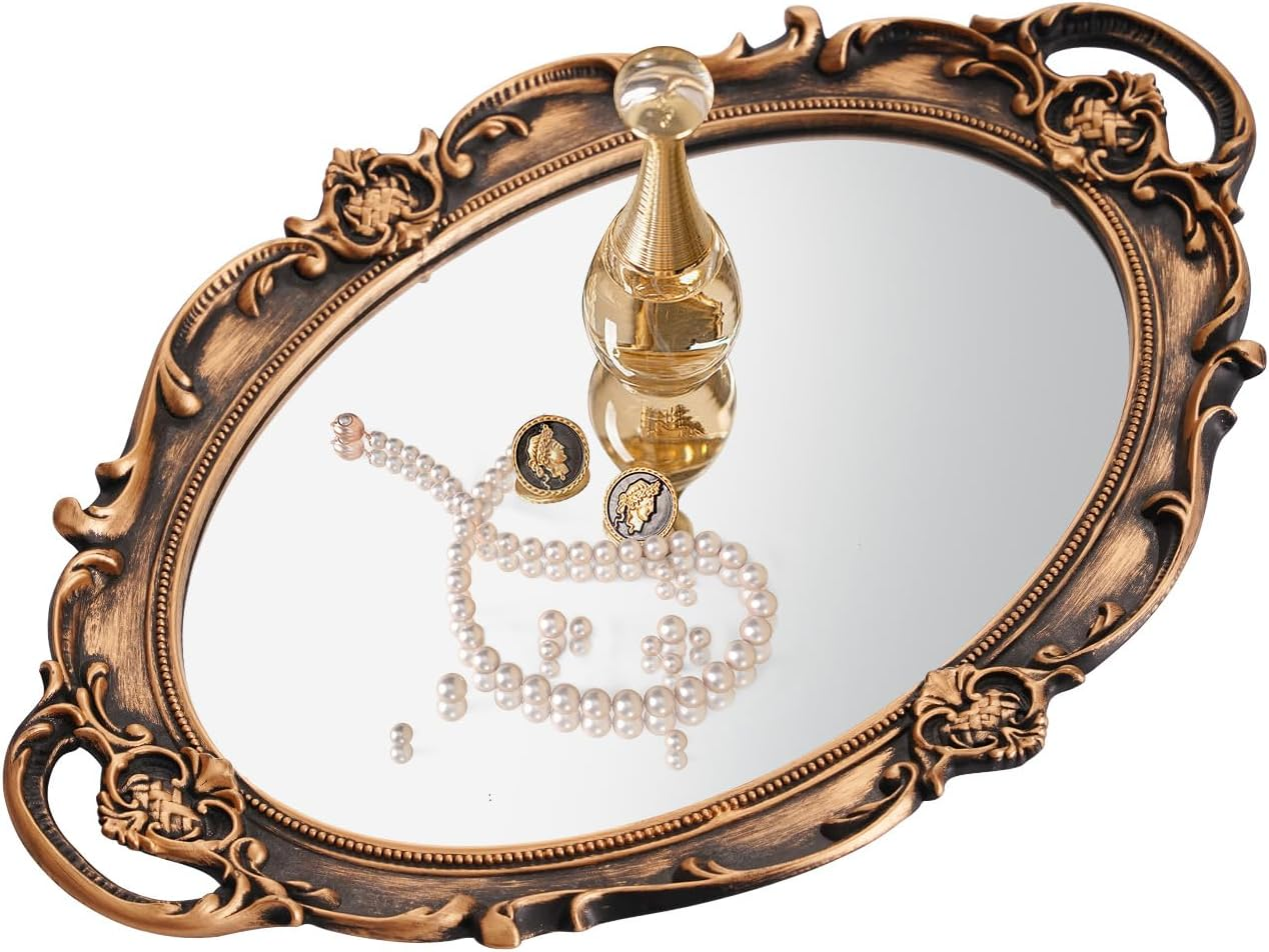 XPXKJ Vintage Gold Mirror Tray Vanity Tray for Dresser Perfume Storage Decorative Mirrored Glass Tray Coquette Room Decor, Bedroom, Bathroom Oval