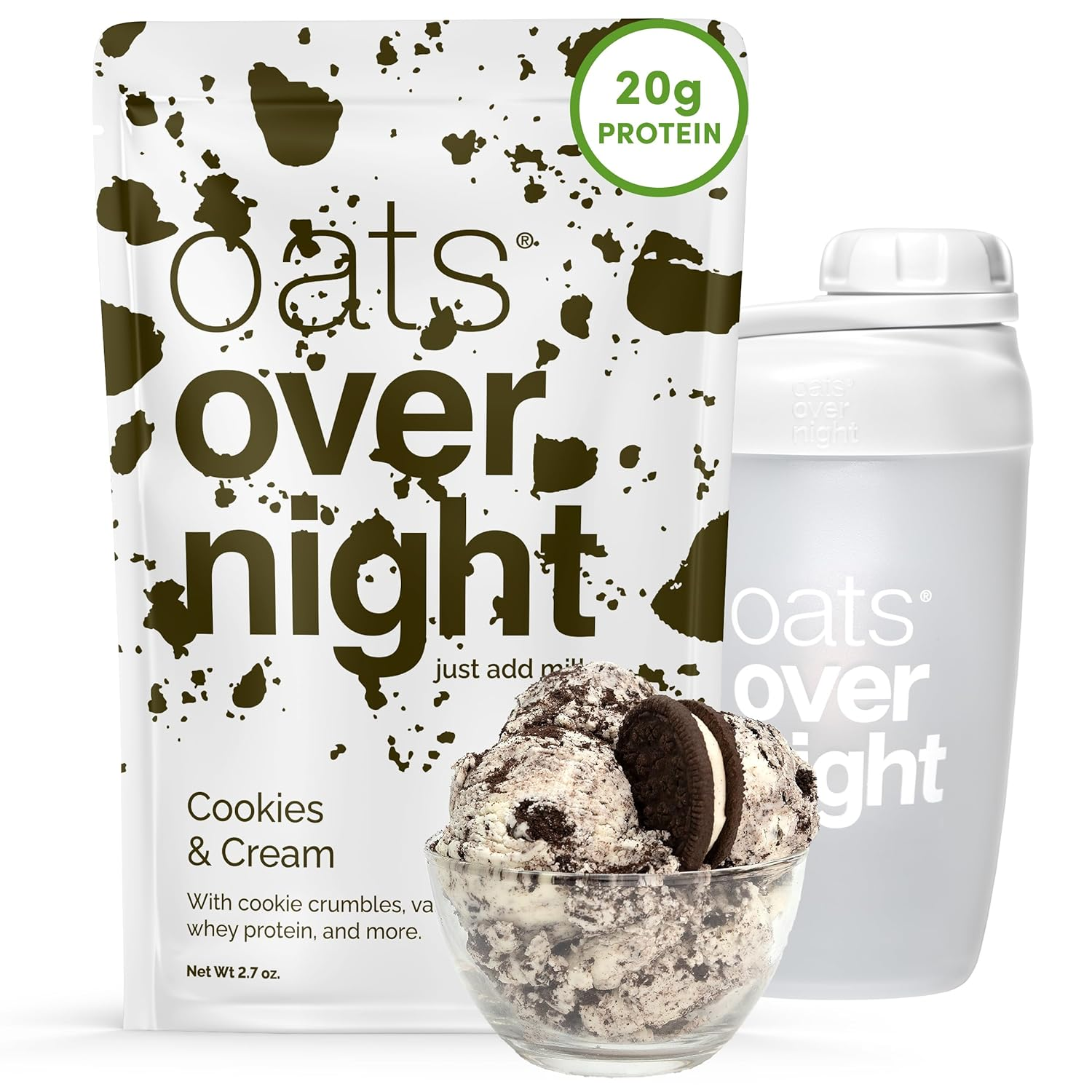 Cookies & Cream - Overnight Oats with 20G Whey Protein, High Fiber Breakfast Protein Shake - Gluten Free Oatmeal, Non GMO High Protein Oatmeal (2.7 Oz per Meal) (8 Pack + Shaker Bottle)