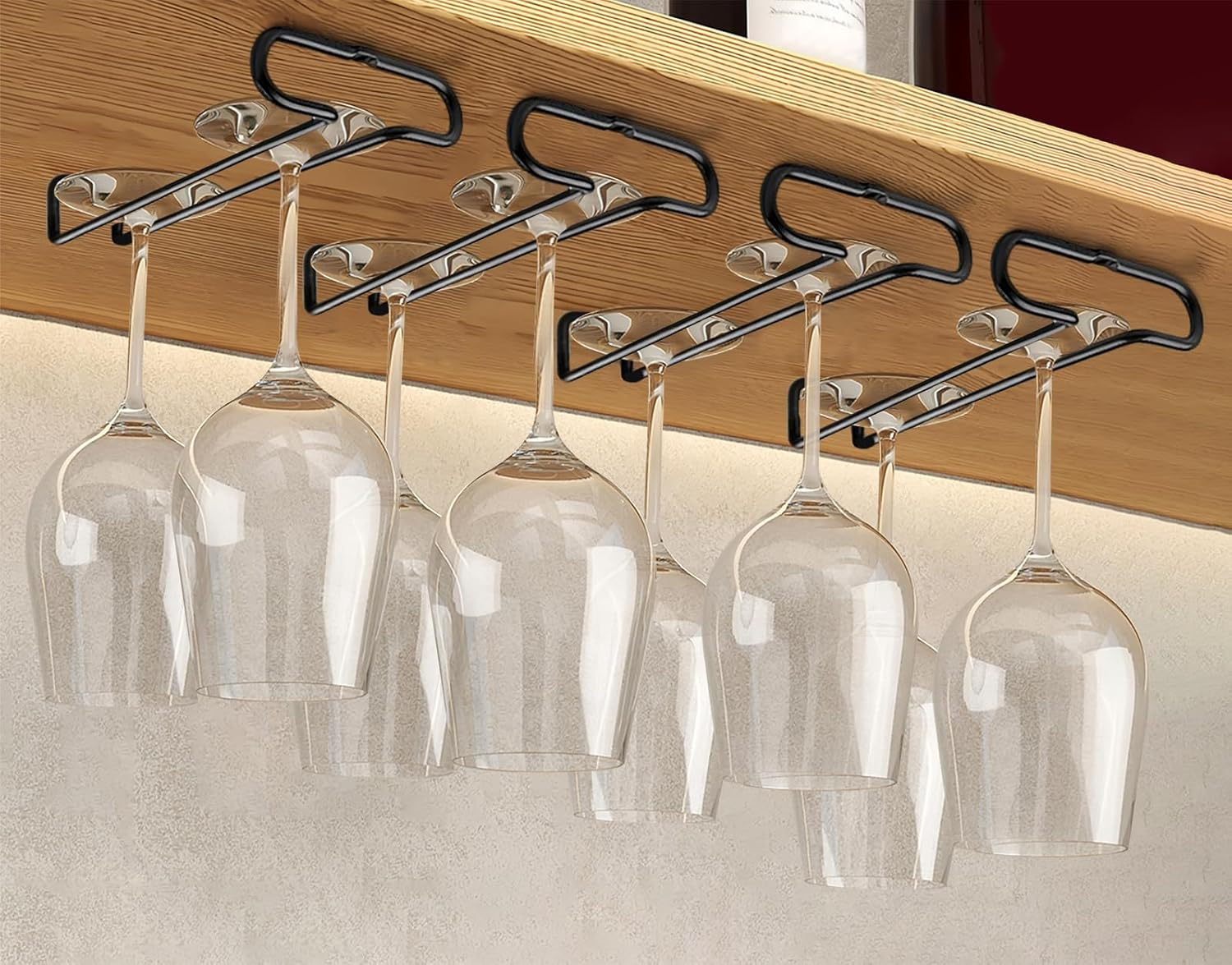 7 Inch Wine Glass Holder under Cabinet Stemware Rack Little Glass Hanger Storage Organizer for Short Space Kitchen and Bar Set of 4 (Black)
