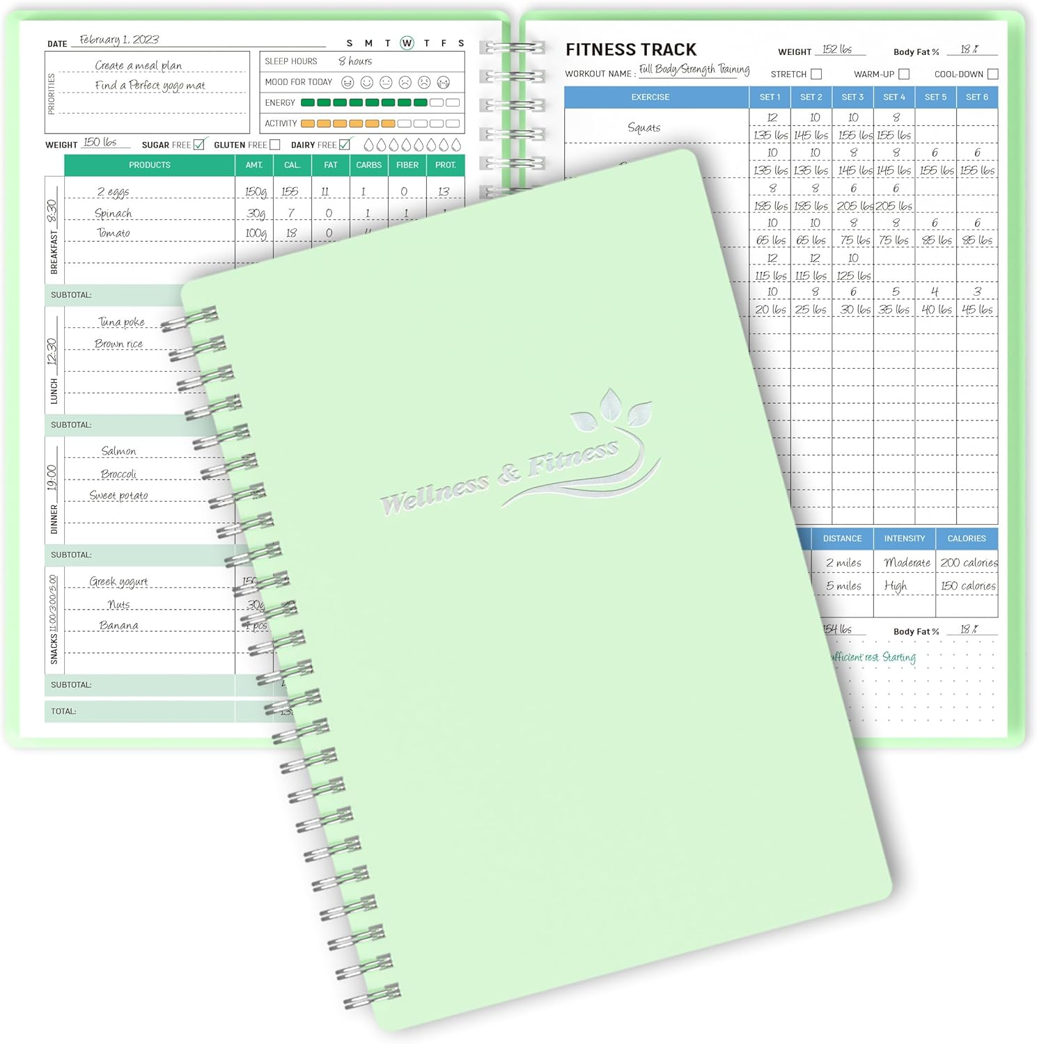 Wellness Planner & Fitness Log - Daily Diet & Health Journal with Weight Loss, Wellness Journal Notebook for Tracking Fitness, Sleep, Nutrition, Meal, Habits, A5(5.8 X 8.6 Inch) (Green)
