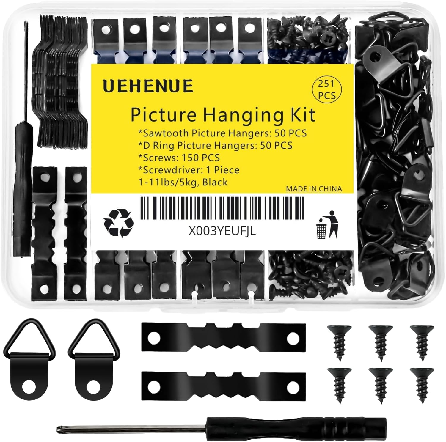 251Pcs Picture Hanging Kit, Include 50 Sawtooth Picture Hangers, 50 D Rings, 150 Screws and Screwdriver, Heavy Duty Picture Frame Hanging Hardware for Wall Artworks Frame Canvas Mounting