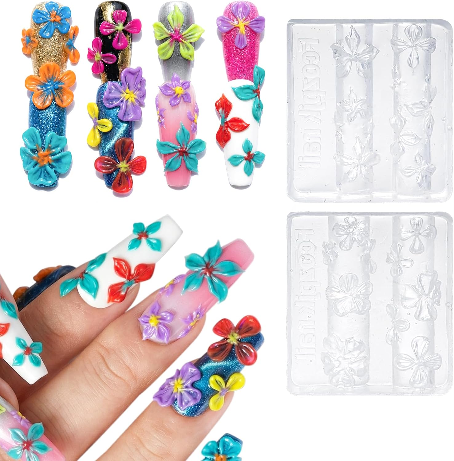 2Pcs 3D Flowers Nail Art Silicone Molds Clear and Reusable for Salon Home DIY Manicure for DIY Resin Manicure Decorations Accessories