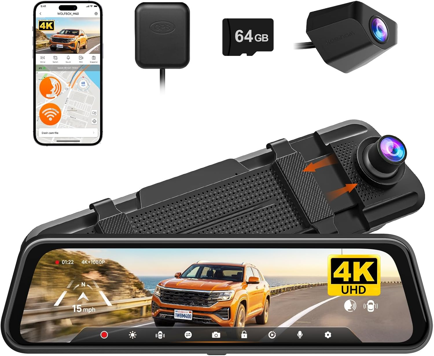 WOLFBOX M40 10'' Mirror Dash Cam, 4K+1080P Rear View Camera, Front and Rear Dual Cameras with ADAS/BSD, Voice Control, Built-In Wifi, Includes 64GB Card & GPS