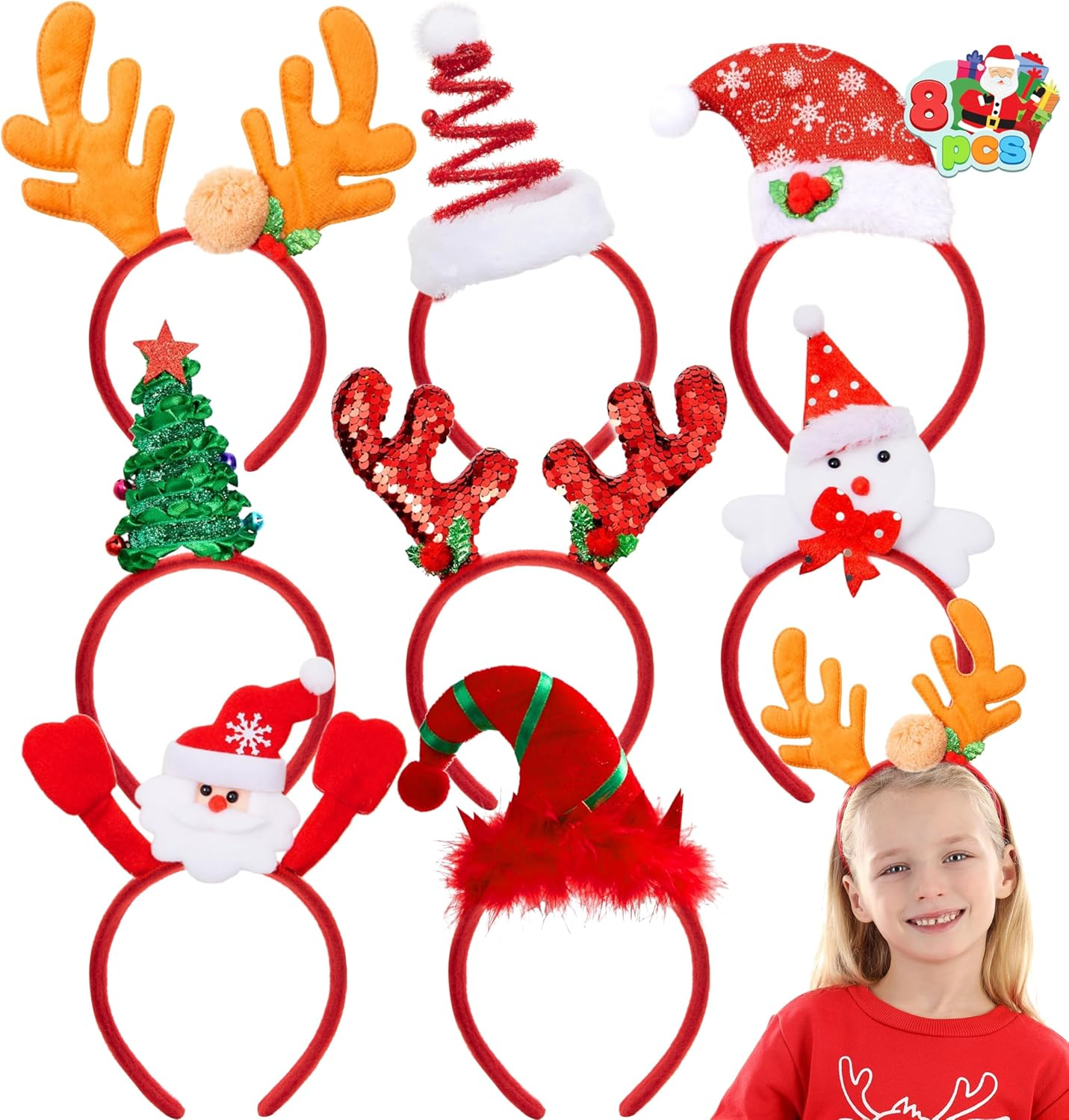 8 PCS Christmas Headbands Head Hat Toppers Costume Accessories for Kids Girls Boys Christmas Parties Xmas Holiday Party Favors Photo Booth