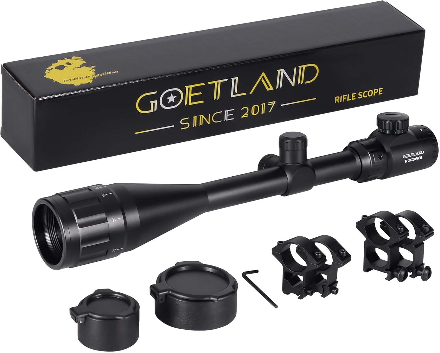 Goetland Rifle Scope 6-24X50 AOEG Red Green Illuminated Rangefinder SFP Ring Mounts for Air Gun Airsoft Crossbow Hunting Tactical