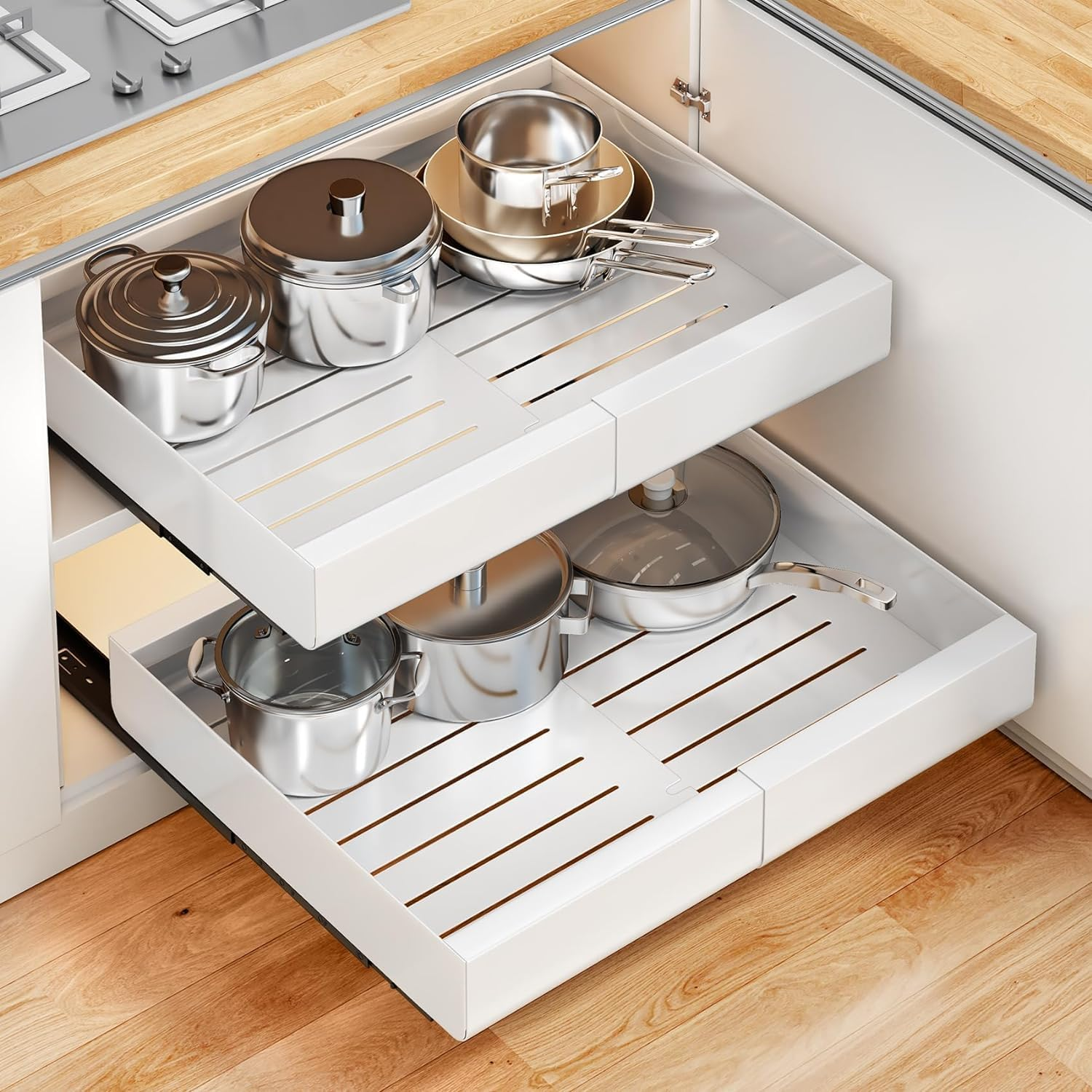 2 Pack Pull Out Cabinet Organizer, Expandable(31 to 52Cm W)Pull Out Drawers for Cabinets Fixed with Adhesive Film,Adjustable Peel Stick Slide Out Drawers for Kitchen Cabinets Pantry Bathroom-53Cm Deep