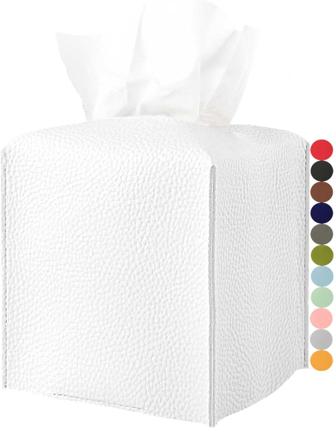 Square White Leather Tissue Box Cover with Bottom Belt - Decorative Holder