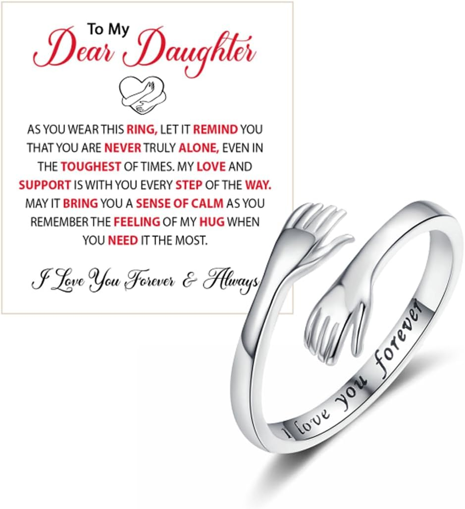To My Daughter Hug Hope Rings, I Love You Foreve Motivational Stainless Steel Sp