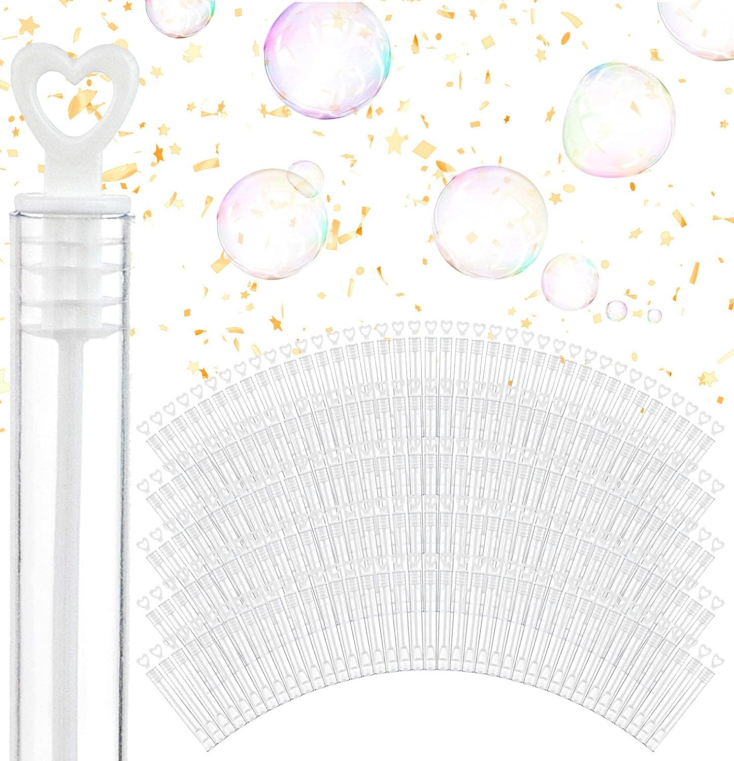 Wedding Bubbles Bulk - White Heart Top Wands (100 Count) Individual Mini Bubble Wand Favors for Weddings, Celebration Party Favor for Guests -