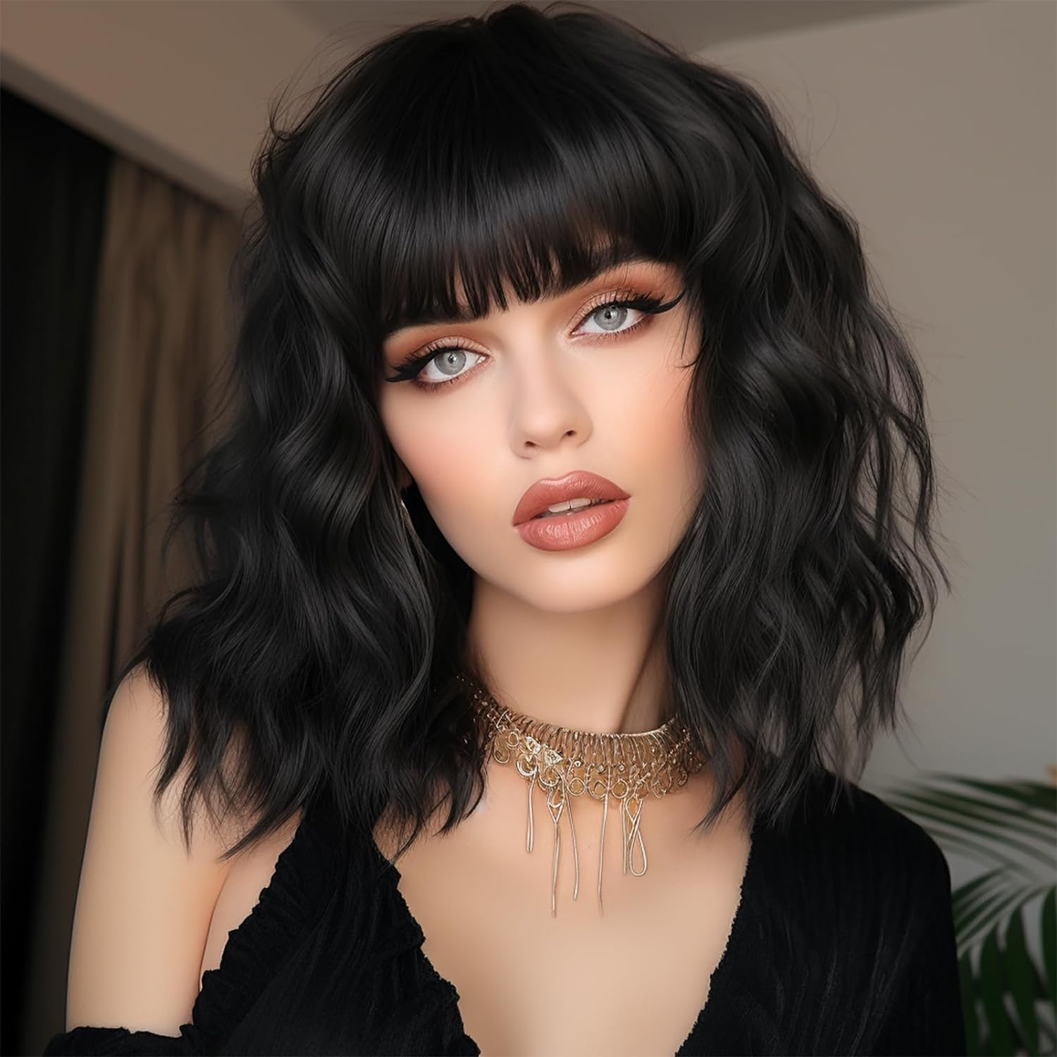 BERRYLION Wigs for Women|Short Bob Wig with Bangs|Synthetic Wavy Bob Wig with... - Picture 10 of 13