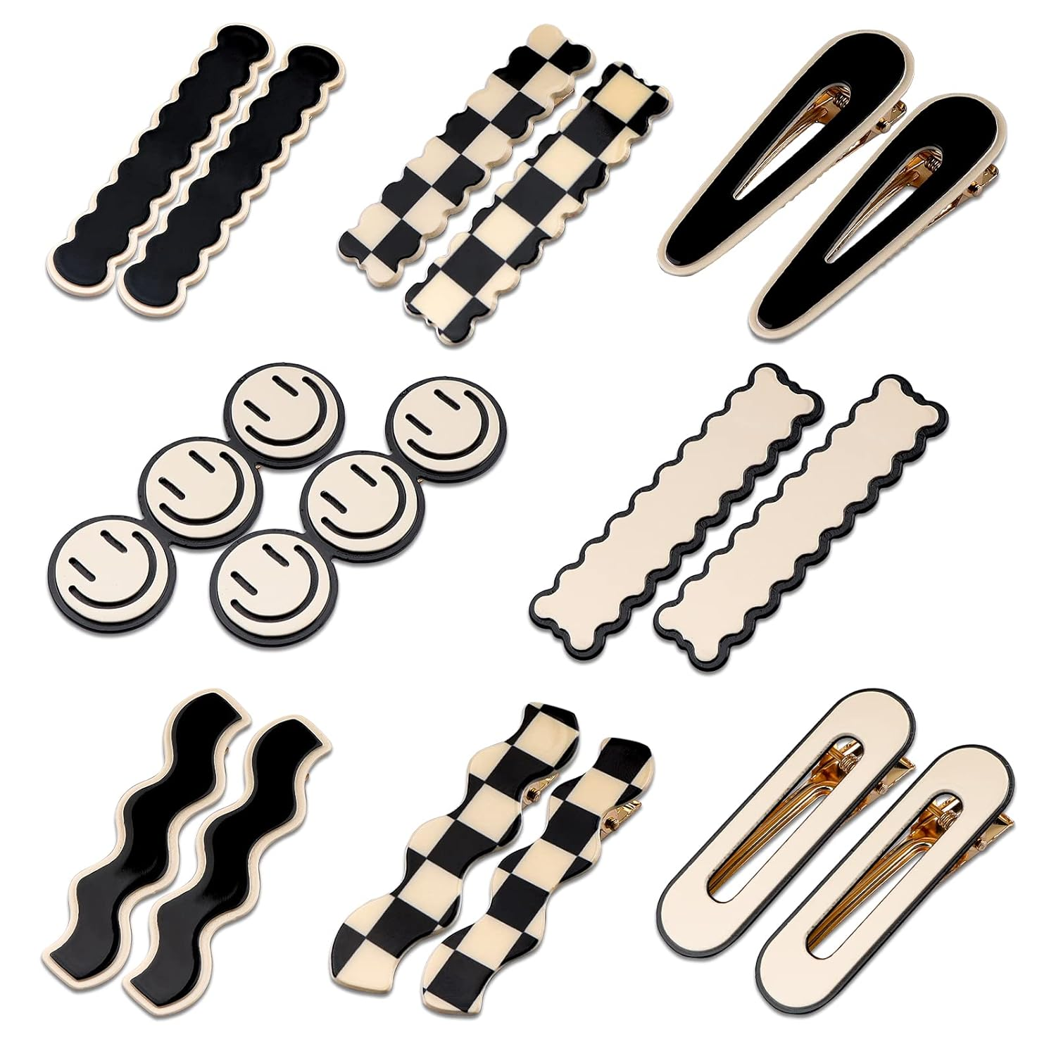 16PCS No Bend Hair Clips – Checker & Black White