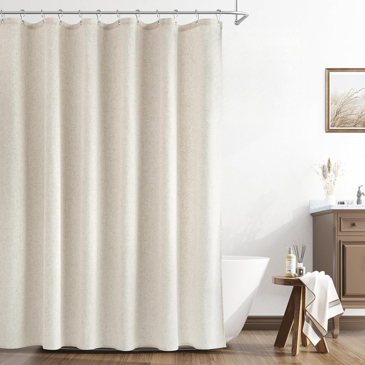 Natural Linen Shower Curtain, Country Boho Farmhouse Bath Decor Beige Shower Curtains for Bathroom Neutral Cloth Weighted Textured Fabric Bath Curtain Liner with Hooks, Cream, 72 Inch