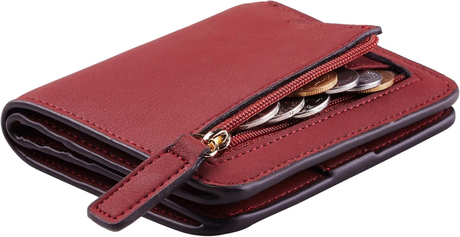 Women’s Small Slim Leather Wallet with RFID Protection, Compact Bifold Mini Purse with Clear ID Window