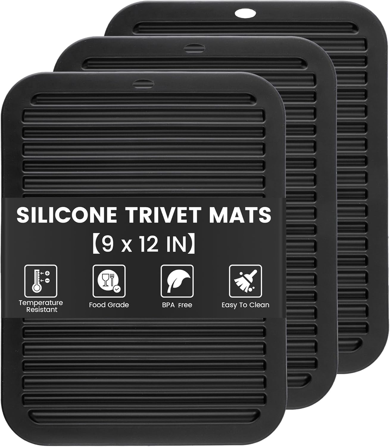 3 PCS Silicone Trivets for Hot Pots and Pans 9"X12" Heat Resistant Mat Hot Pads for Kitchen Quartz Countertops - Dish Drying Mat Non-Slip Potholders Pot Holders Trivets for Hot Dishes - Black