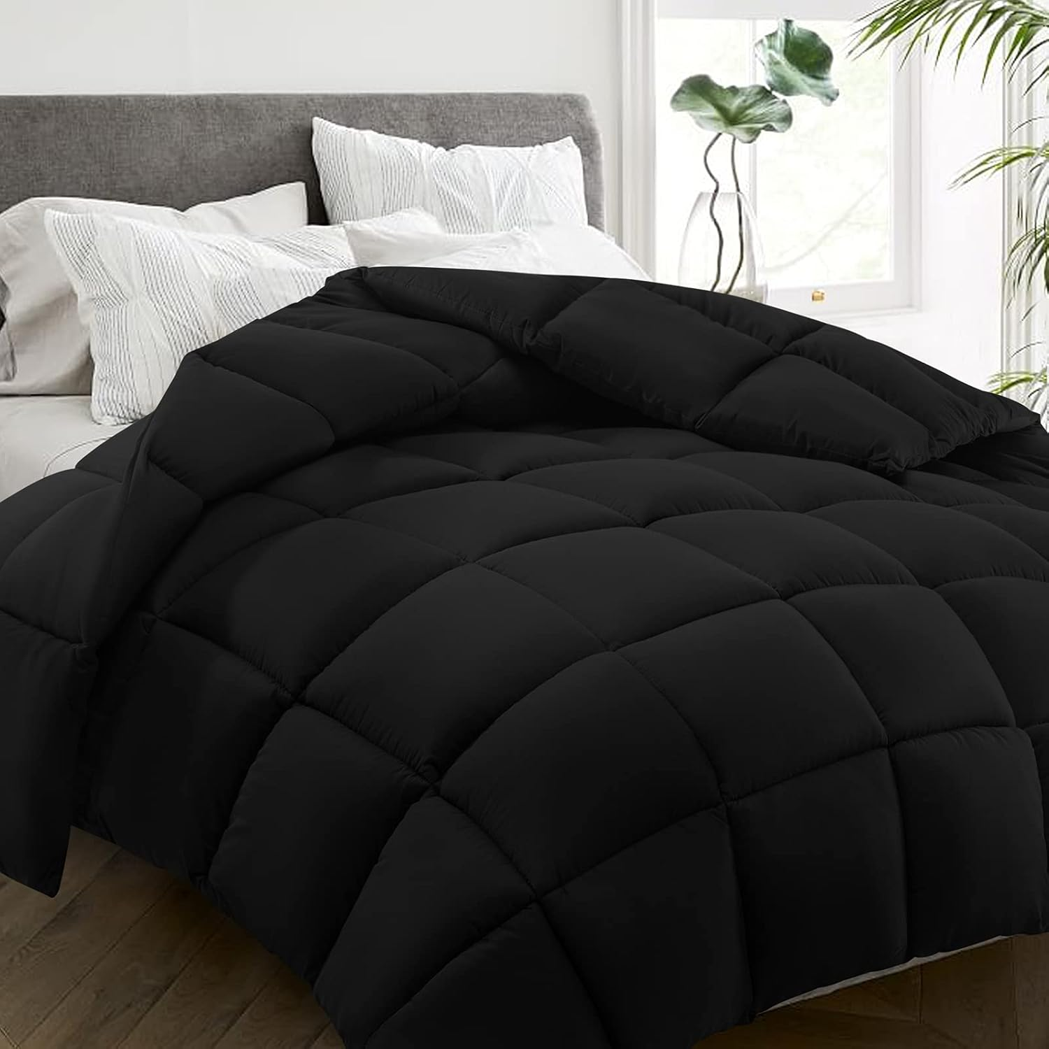 All Season Queen Size Bed Comforter - Cooling Goose down Alternative Quilted Duvet Insert with Corner Tabs - Winter Warm - Machine Washable - Black