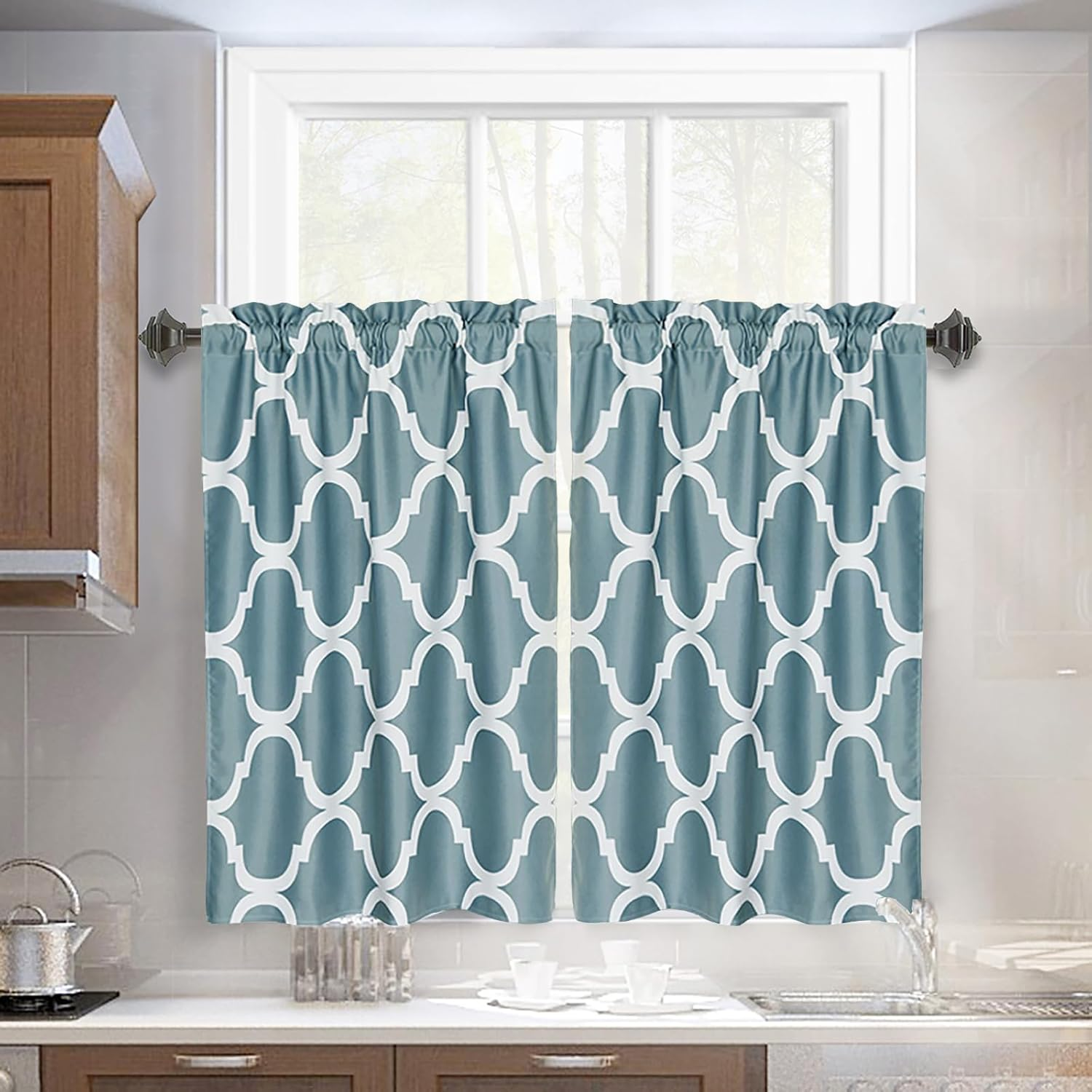 Set of 2 Moroccan Fashion Tier Curtains for Kitchen, Geometric Lattice Rod Pocket Curtains for Cafe Bathroom Small Windows, 36 Inch Length, Dusty Teal