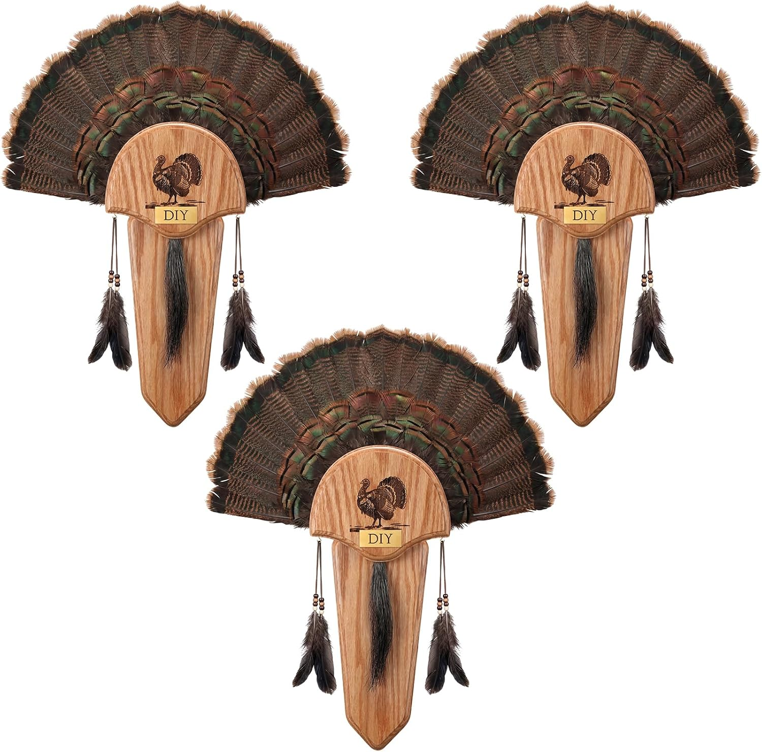 3 Pack Oak Carved Turkey Fan Mounting Kit with Beard Plate Turkey Tail Plaque Durable Easy to Assemble with Hardware
