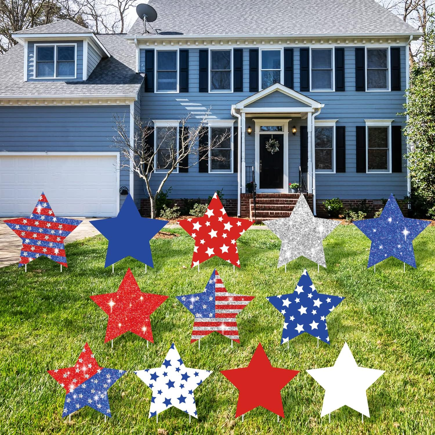Independence Day Yard Signs Patriotic Outdoor Decorations Red White Blue Stars 4Th of July Birthday Pentagram Yard Sign with Stakes for Independence Day Lawn Decor (12 Pieces 10.6 X 10.6 In)