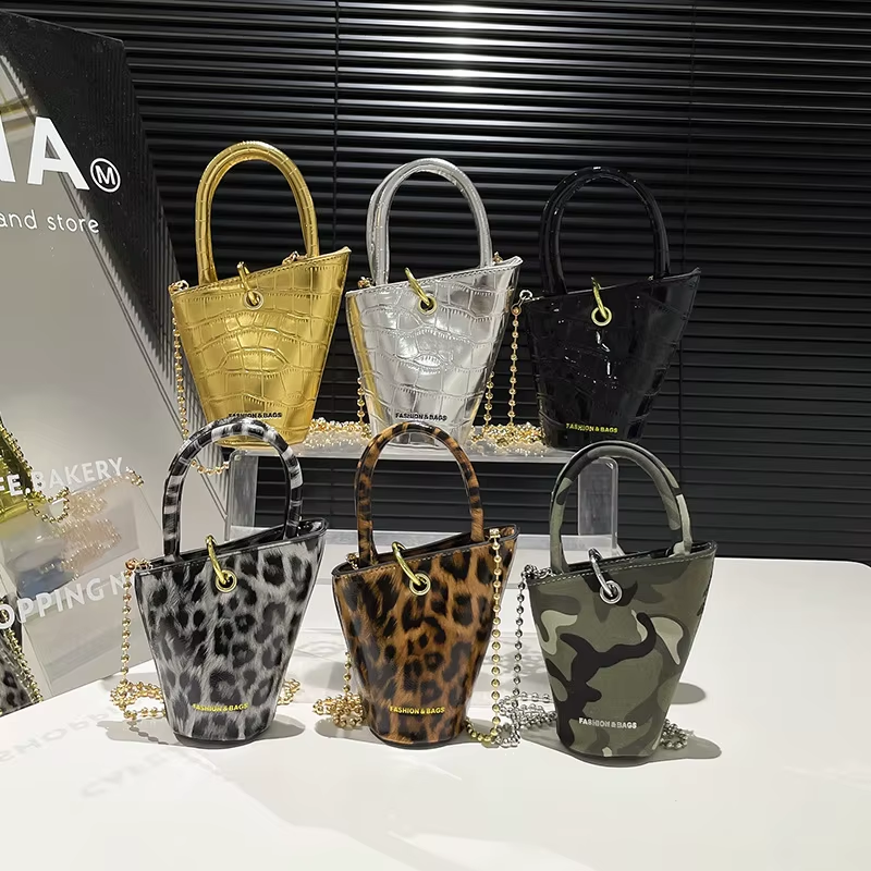 SH0569 Women'S Retro PU Leather Mini Bucket Bag Y2K Style Irregular Top Handle Crossbody Bag with Two Straps Polyester Lining