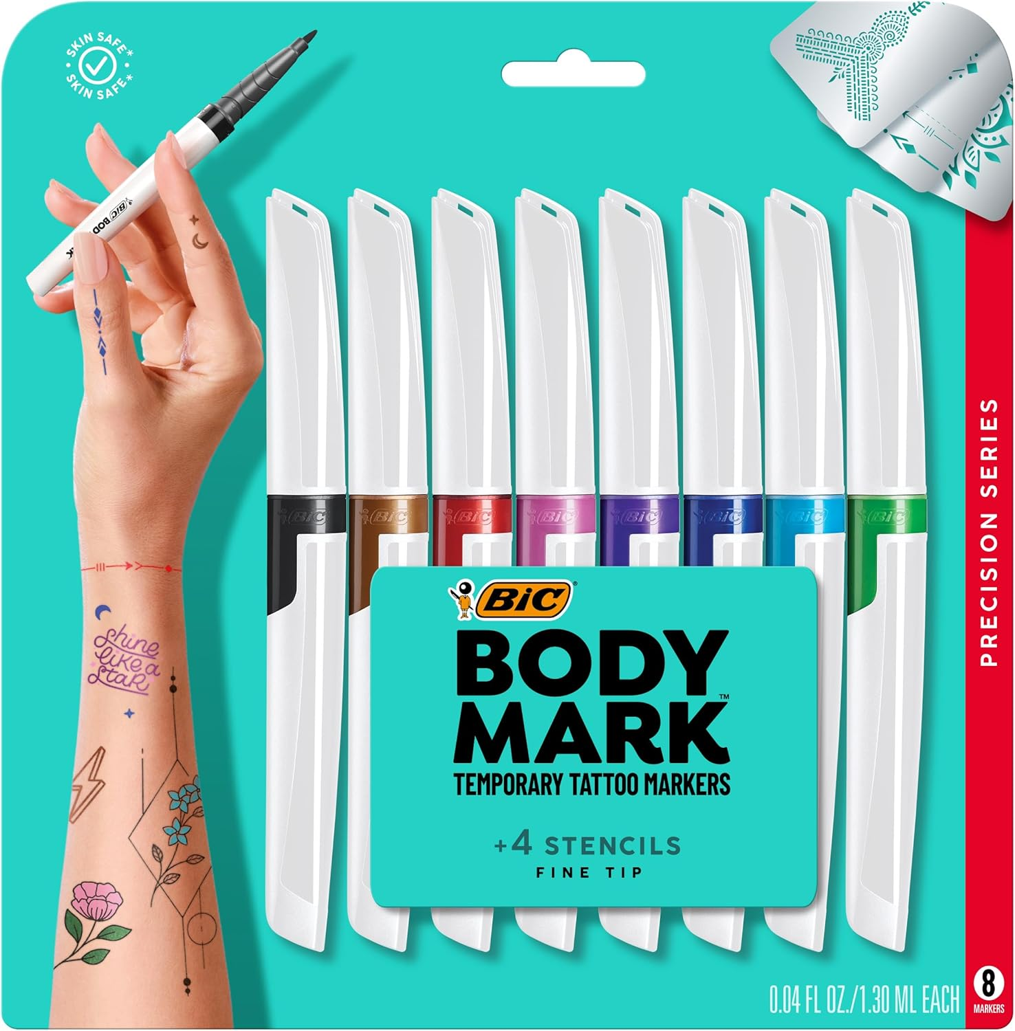 Bodymark Temporary Tattoo Markers for Skin, Precision Series, Fine Tip, 8-Count Pack of Assorted Colors, Skin-Safe*, Cosmetic Quality