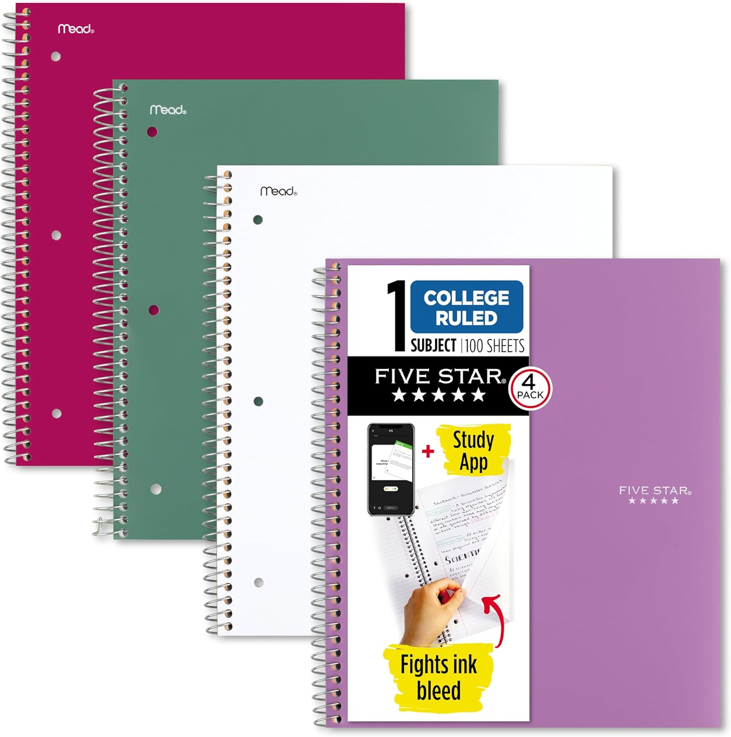 Spiral Notebook + Study App, 4 Pack, 1 Subject, College Ruled Paper, 8-1/2