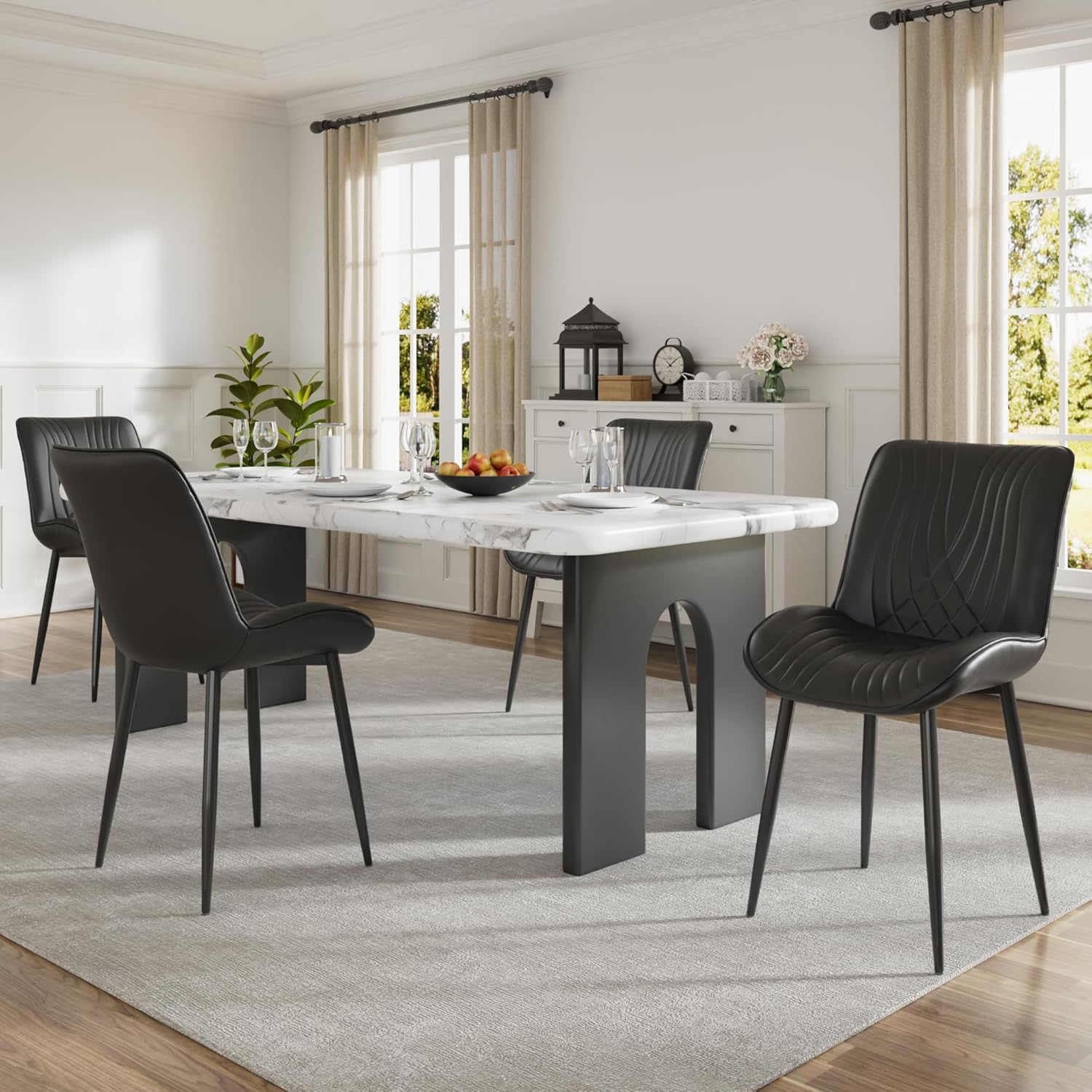 Dining Chairs Set of 4, Modern Upholstered Faux Leather Cushion Seat and Metal Legs for Kitchen, Living Room, Black