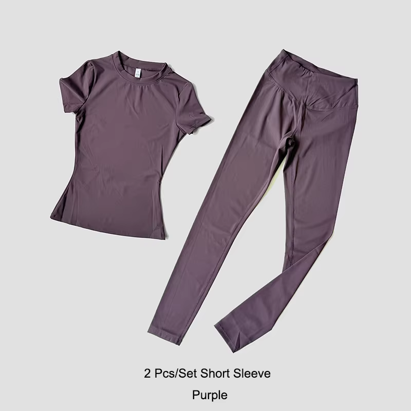 Quick-Drying Gym Leggings Set Sport Suit Short Sleeve Breathable Stretchy Slim Fitness Active Top Tight Gym Set