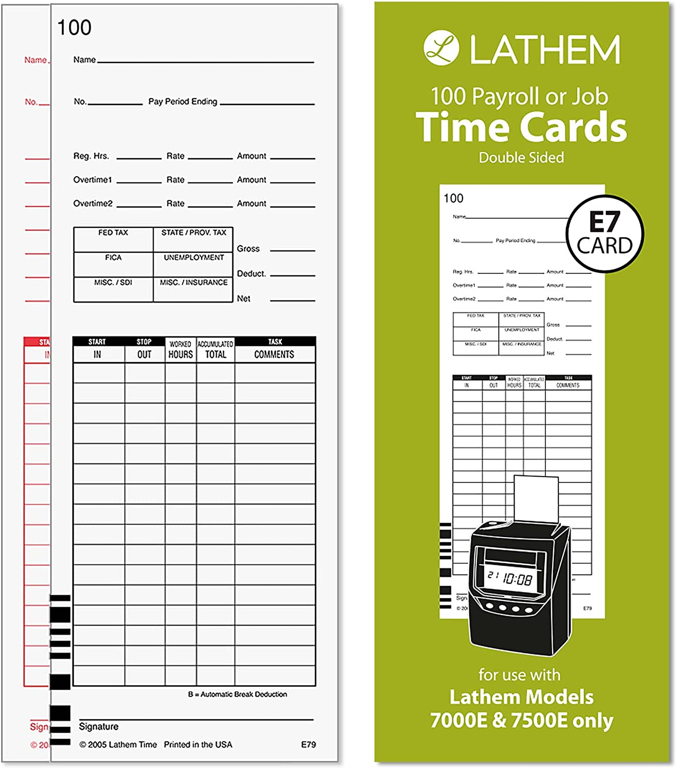 Universal Payroll/Job Time Cards, Double-Sided, for  7000E / 7500E Time Clocks, 100 Pack, E79-100, White