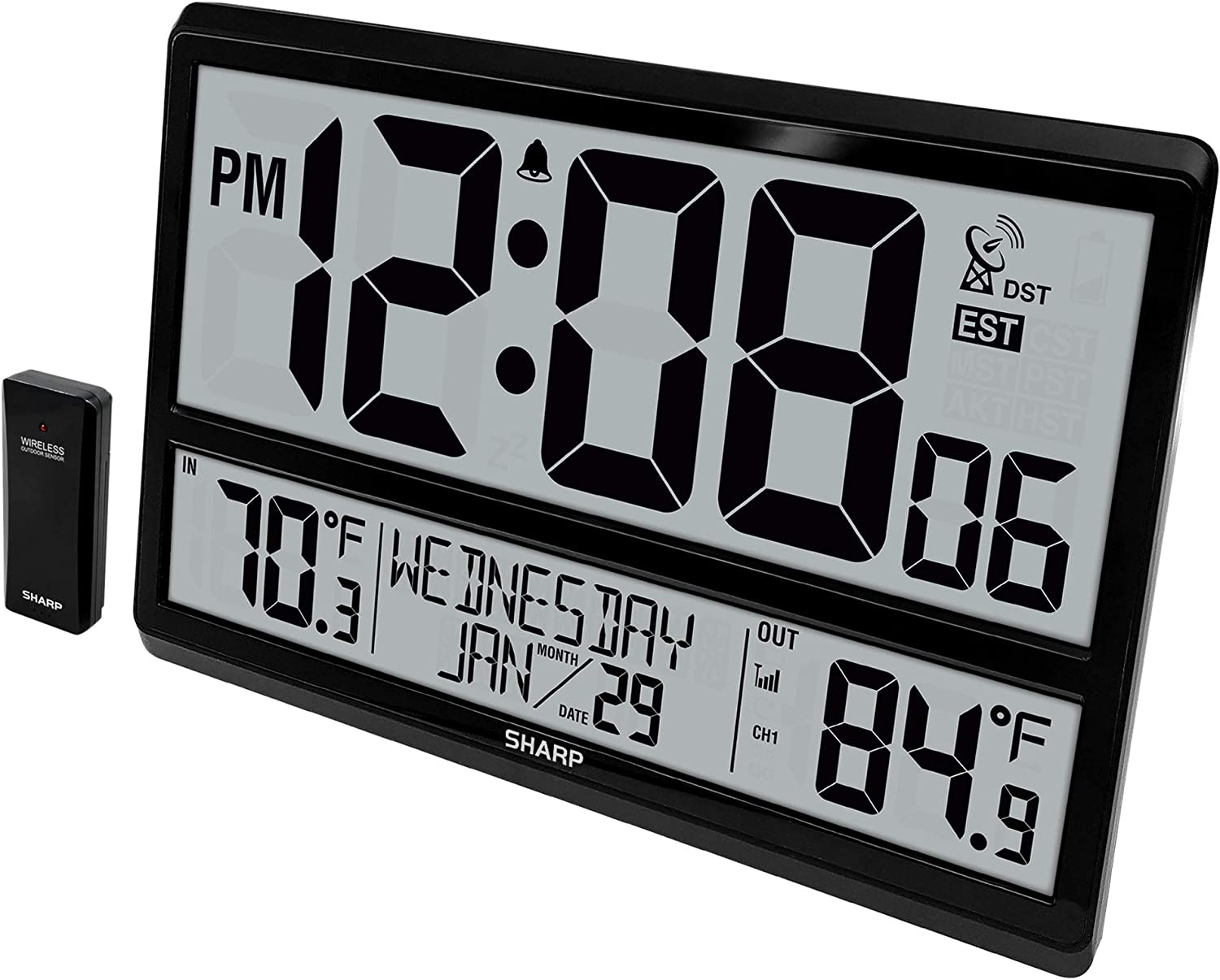 Sharp Atomic Clock - Never Needs Setting! –Easy to Read Numbers - Indoor/ Outdoor Temperature, Wireless Outdoor Sensor - Battery Powered - Easy Set-Up!! (4