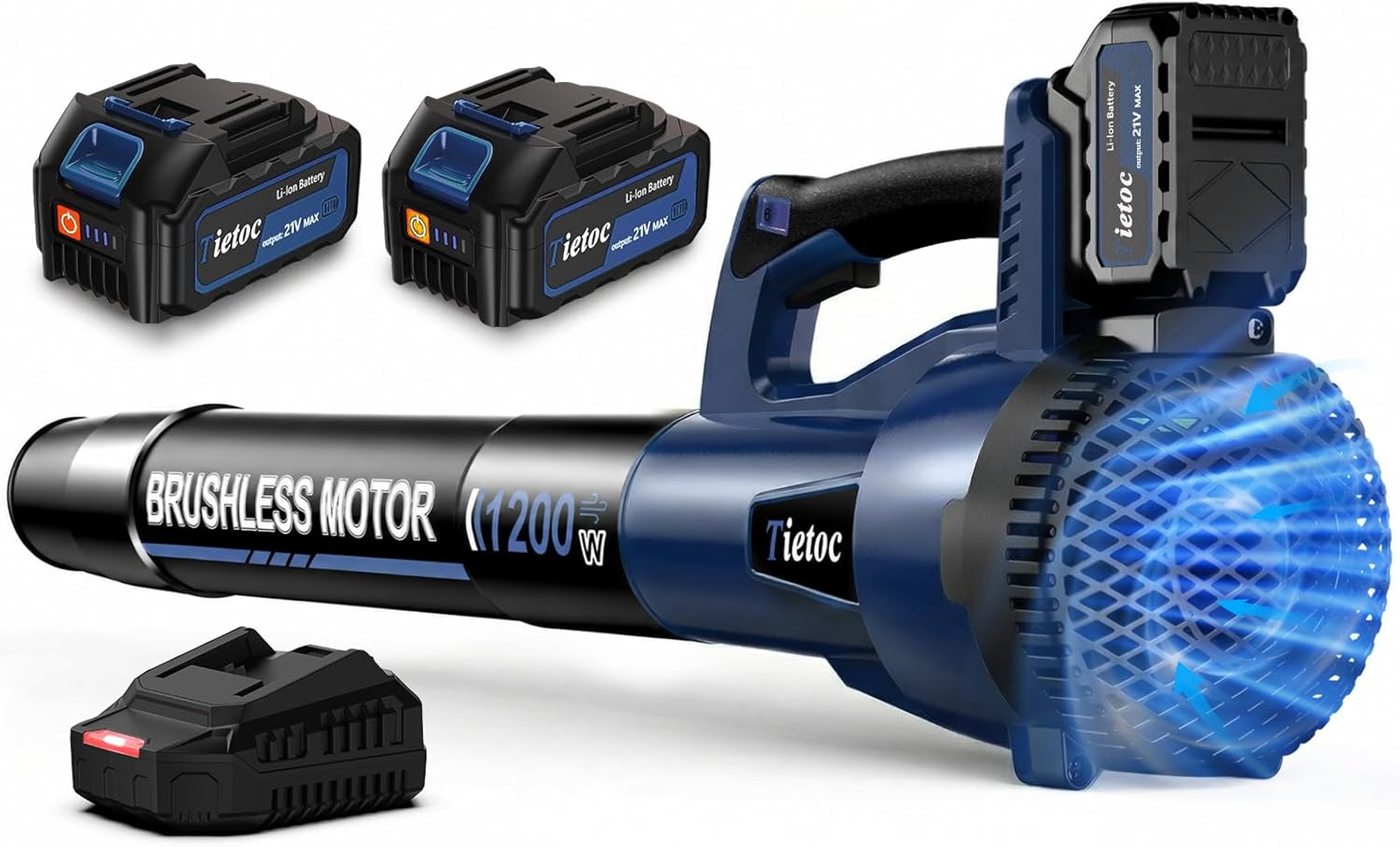Leaf Blower Cordless,1200W Brushless Electric Leaf Blowers W/ 2X5.0Ah Battery Fast Charger, 6 Speed Powerful Blowers for Garden Lawn Care Patio Blowing Leaves Dust Snow Gift for Men Navy Blue