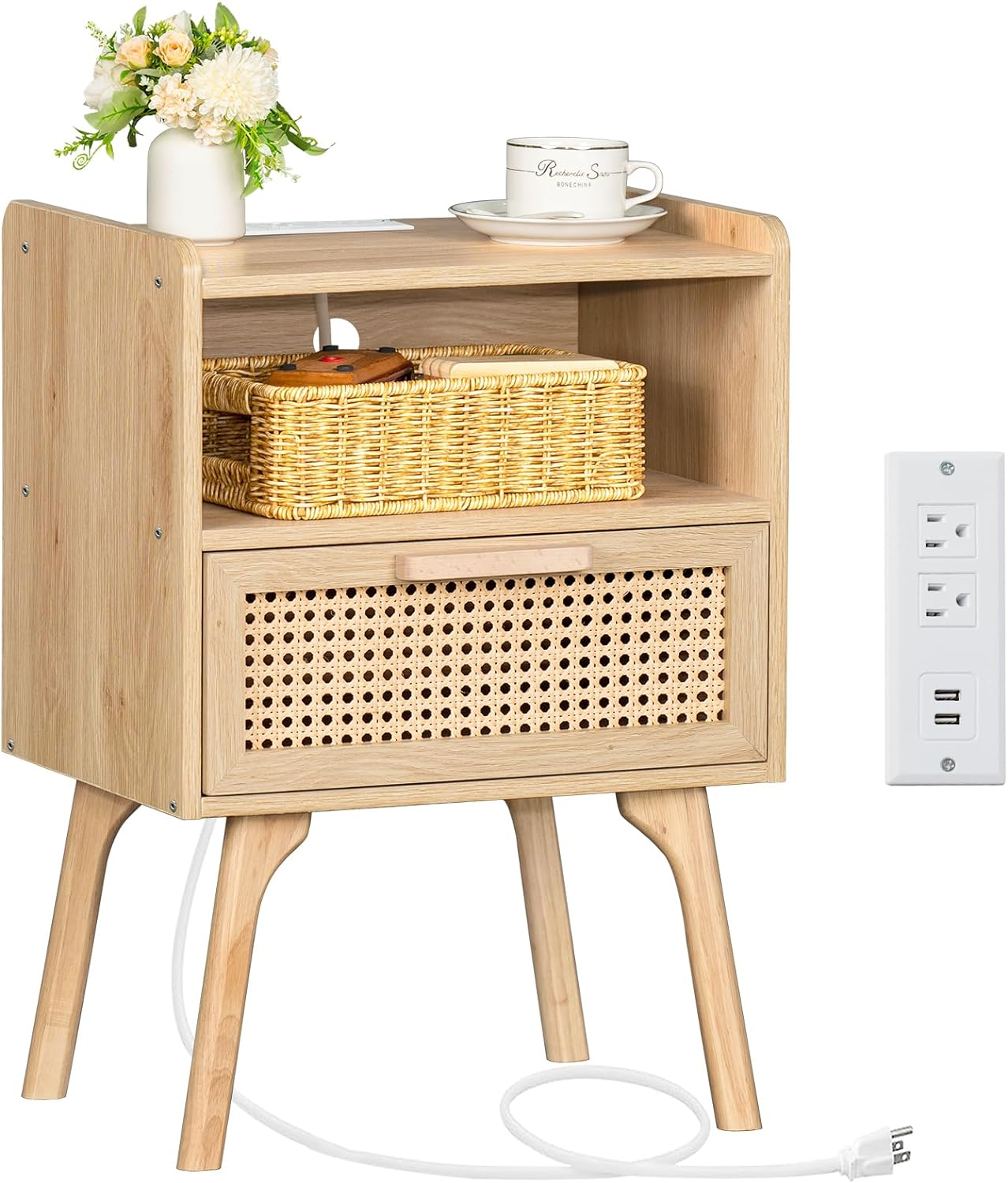 Rattan Nightstand with Charging Station, Boho Side Table with Drawer Open Shelf, Cane Accent Bedside End Table for Bedroom, Dorm and Small Spaces