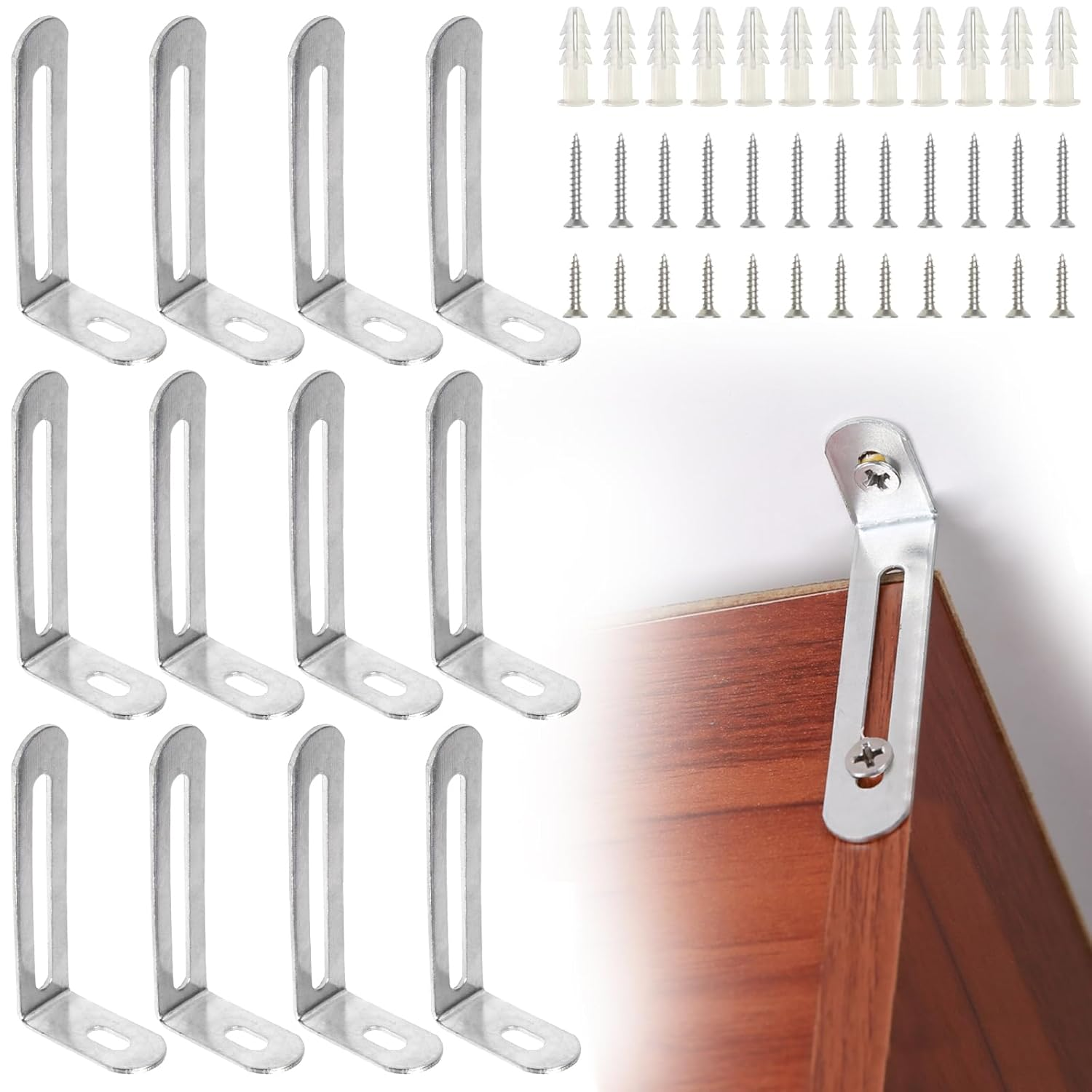 12 Pack Baby Proofing anti Tip Furniture Anchors Kit - Heavy Duty Steel Wall Anchors for Dresser, Cabinet, Bookcase, Earthquake Safety & Pet Proofing in Nursery, Living Room（Silver）