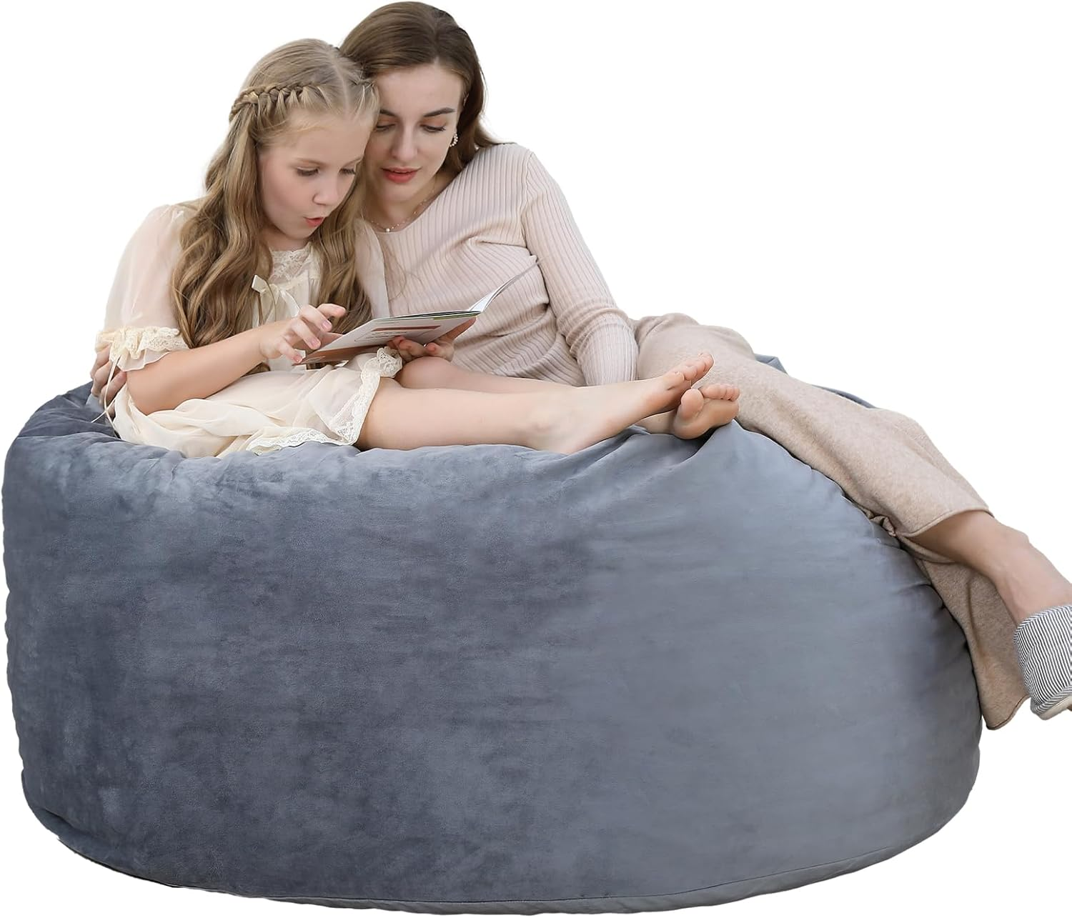 4 Ft Large Bean Bag Chair for Adults, Comfy Fluffy Velvet Bean Bag Couch with Memory Foam & Washable Cover, Lazy Floor Chair for Dorm Living Room Bedroom, Grey