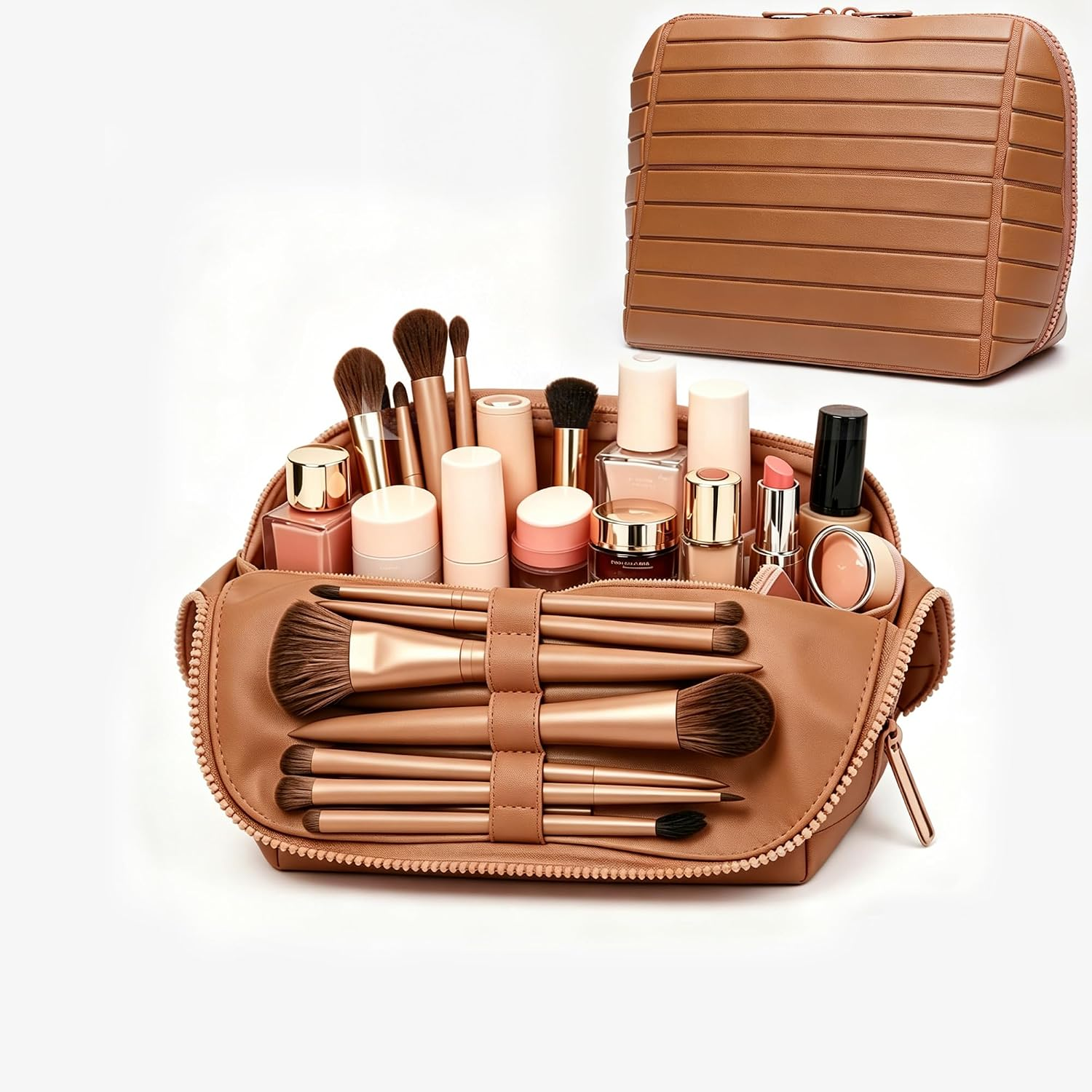 Travel parallel vertical Makeup Bag with Fold-Down Design and Adjustable Divi