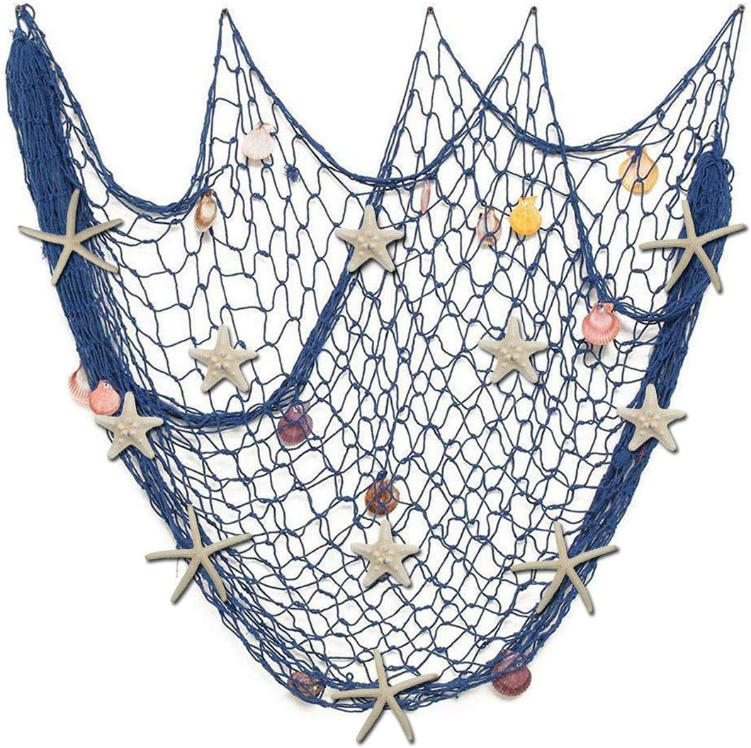 79 X 59 Inch Nature Fish Net Wall Decoration with Colorful Sea Shells and 10 Pcs Natural Starfish Ocean Themed Mediterranean Style Fishing Net for Beach Party,Wedding,Photography Wall Decoration