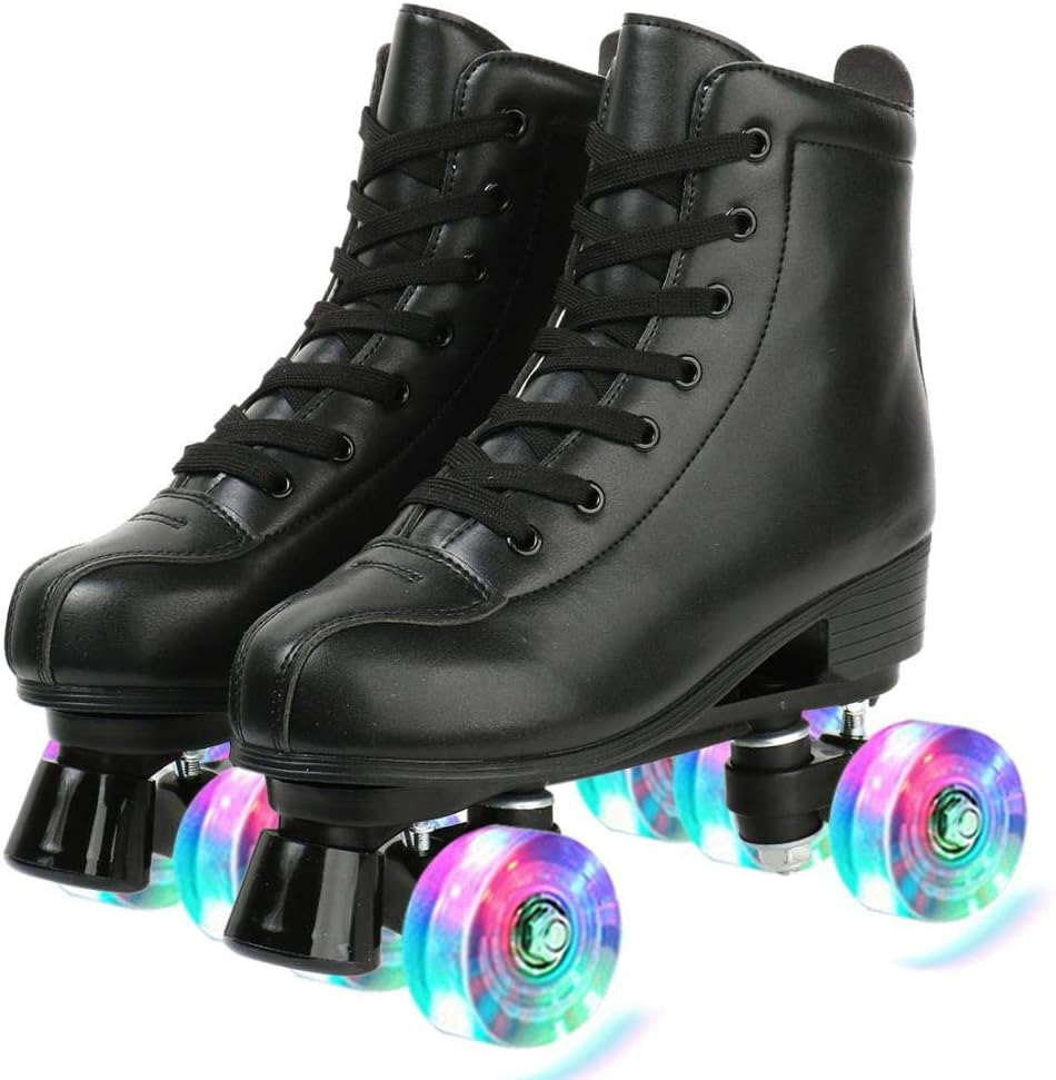 Womens Roller Skates Light up Wheels, Artificial Leather Adjustable Double Row 4 Wheels Roller Skates Shiny Skates for Teens,Adult