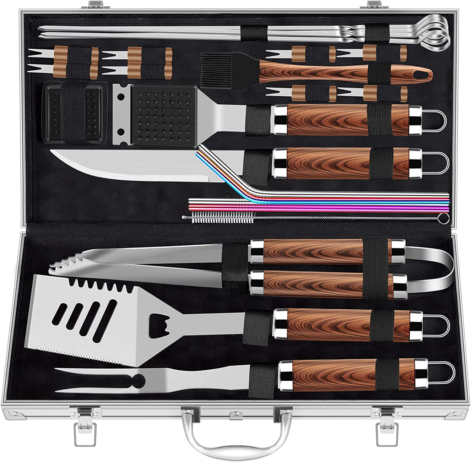 25pcs Extra Thick BBQ Grill Accessories, Fathers Day Grilling Gifts Set for Men Dad, Heavy Duty Grill Tools Utensils Kit with Spatula, Tongs in Aluminum Case for Birthday Brown