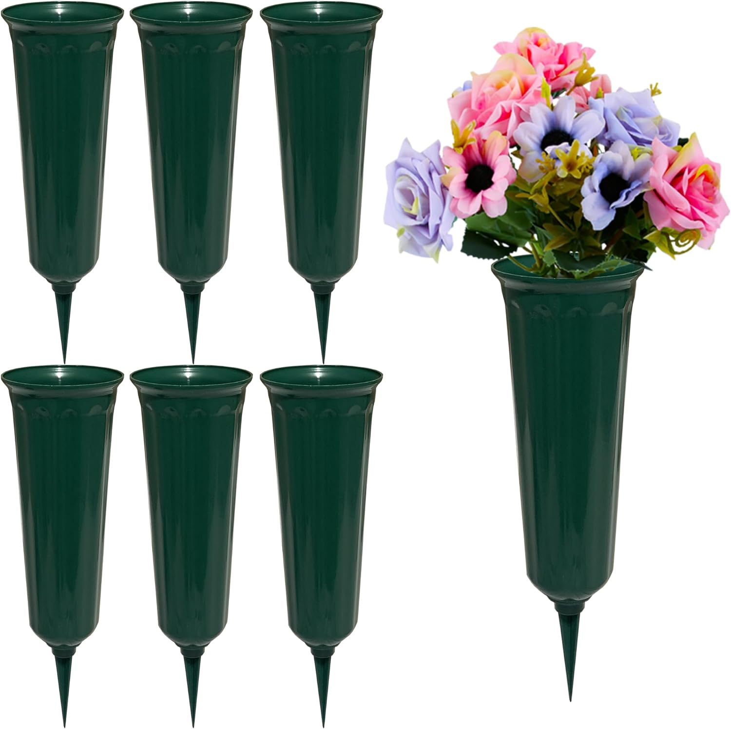 Memorial Floral Vases, Cemetery Vase, Headstones Flower Holder, Grave Cone Vase, Flower Pots for Outdoor Plants, Decorative Plastic Containers (Set of 6, Green)