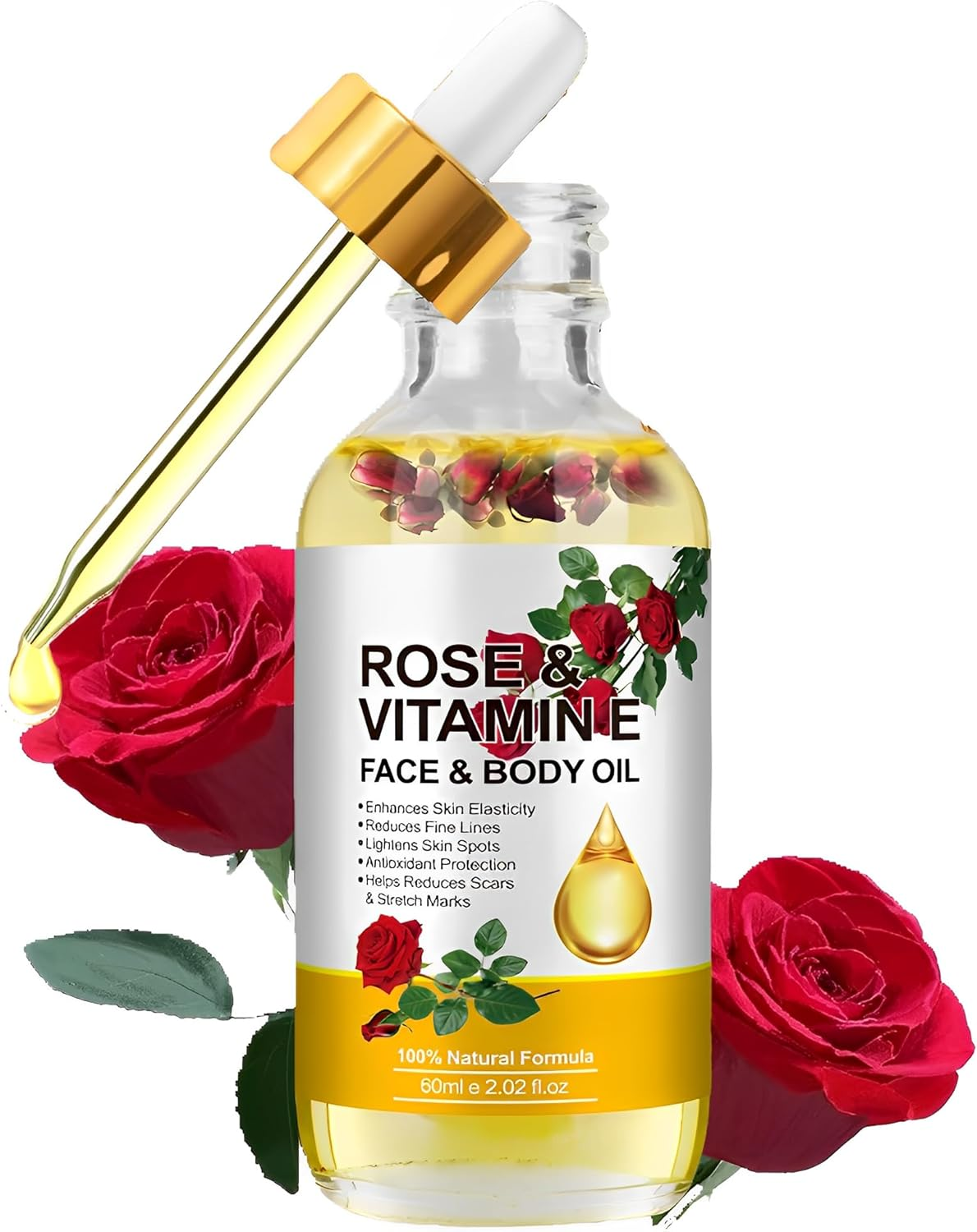 Vitamin E Oil, Rose Vitamin E Face & Body Oil for Skin, Hair, Nails, and Body for Nourishment, Dryness, Diminish Scars and Stretch Marks (60Ml)