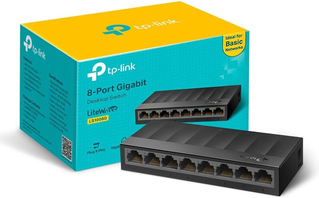 Tp-Link LS1008G 8-Port Desktop/Wallmount Gigabit Ethernet Switch/Hub, Ethernet Splitter, Plug & Play, Desktop, Plastic Case