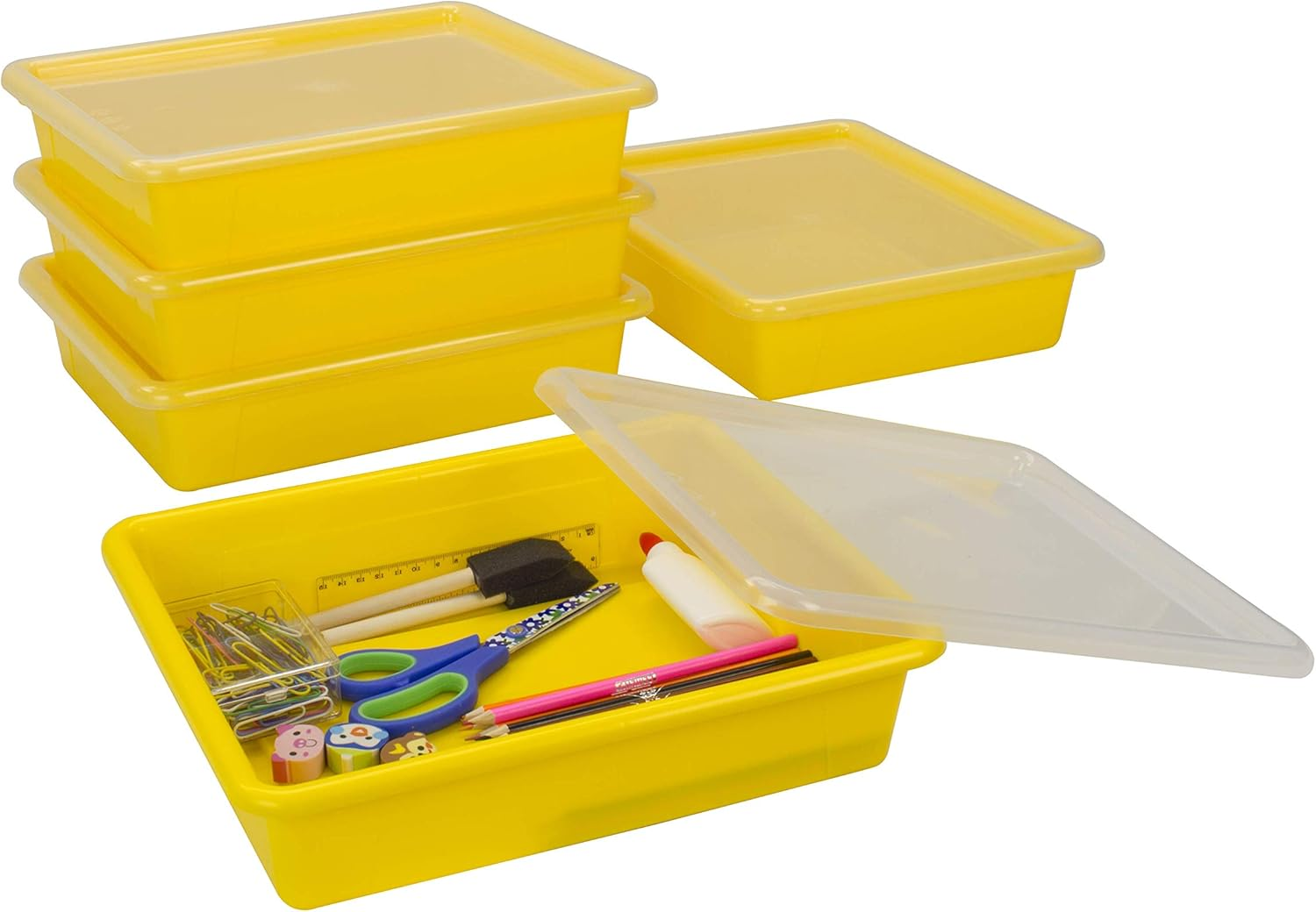 Letter Size Flat Storage Tray – Organizer Bin with Non-Snap Lid for Classroom, Office and Home, Yellow, 5-Pack (62538U05C)